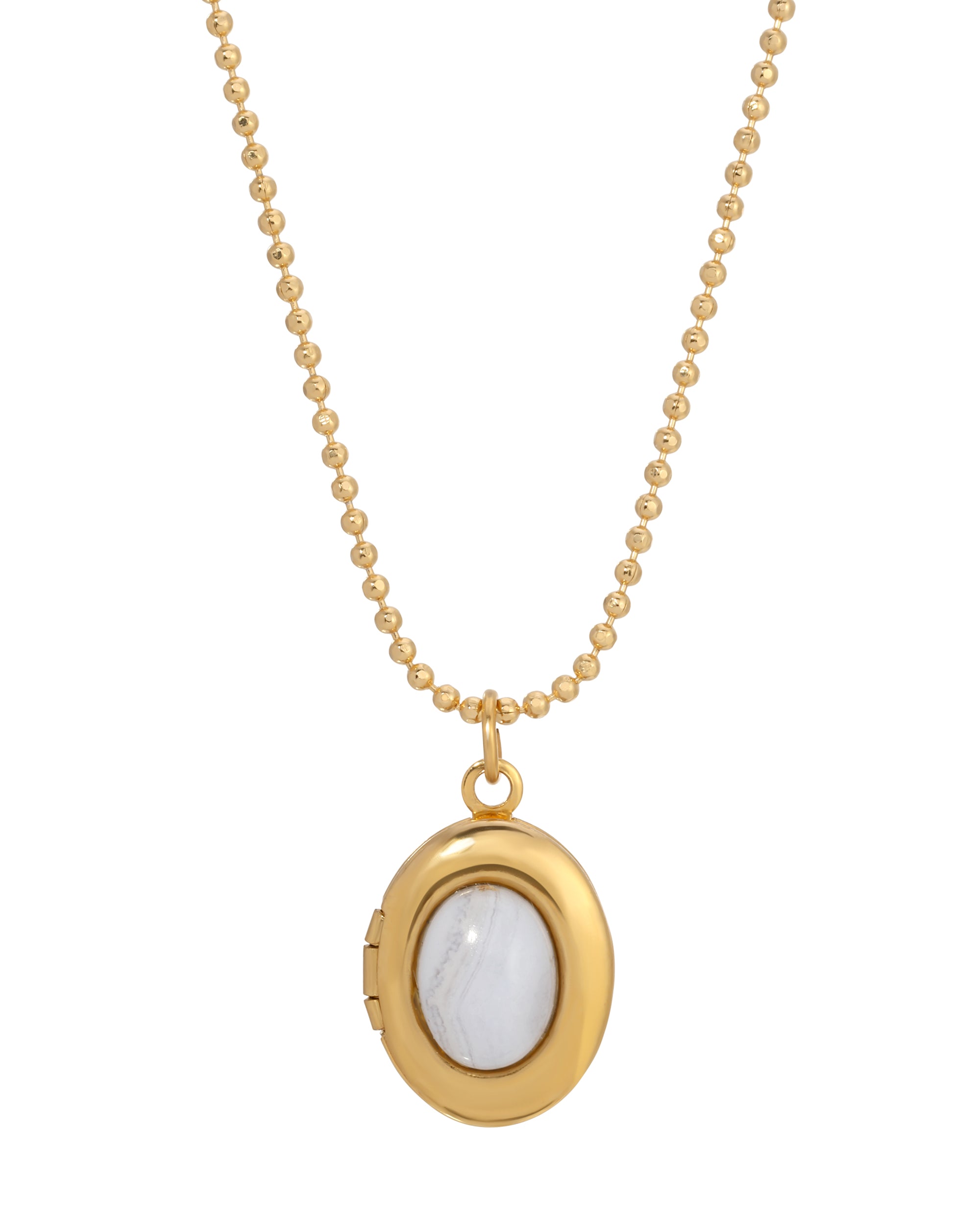 Gold Tone Oval Blue Lace Agate Cabochon Stone Locket Necklace 18"