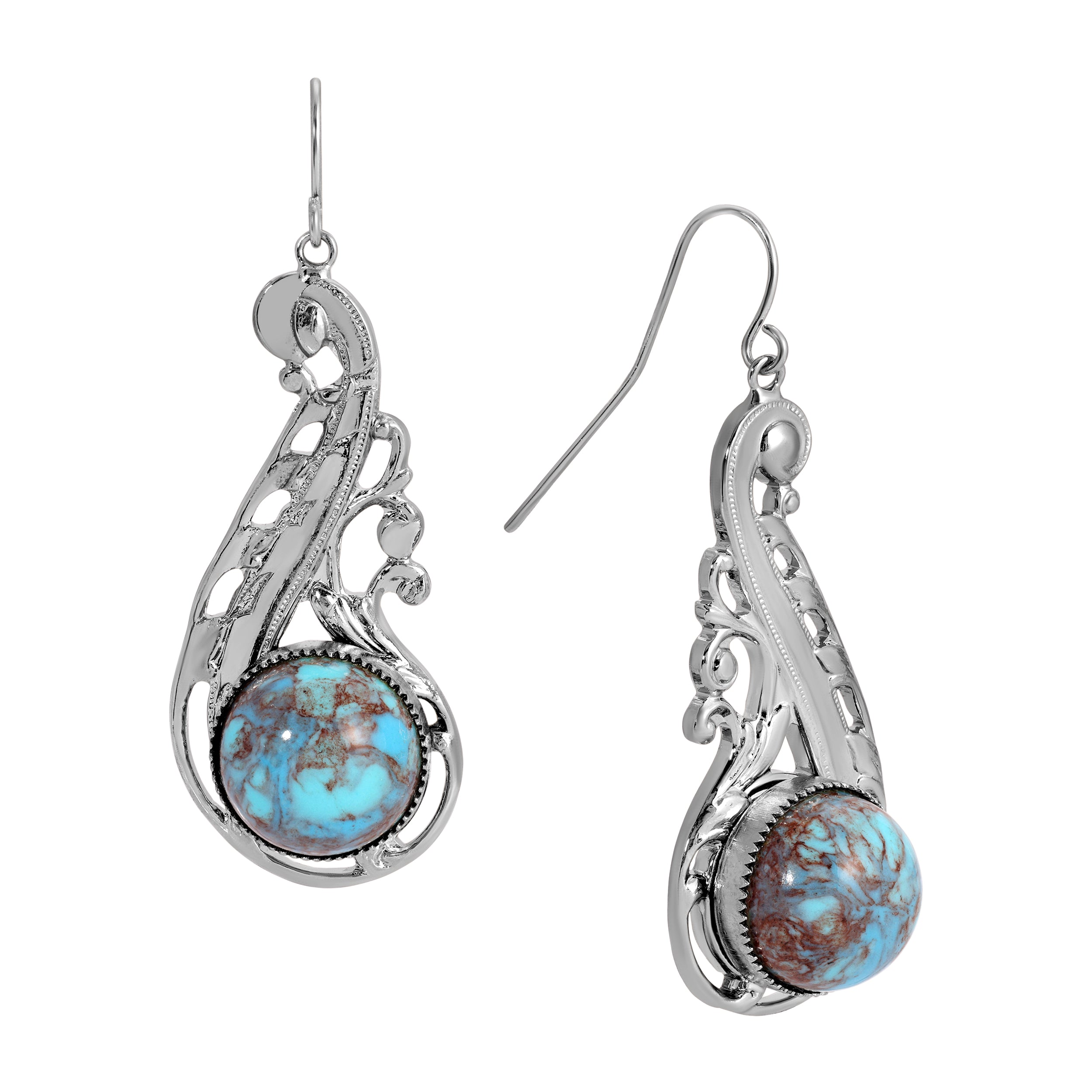 Swirly Statement Round Turquoise High Dome Stone Drop Earrings