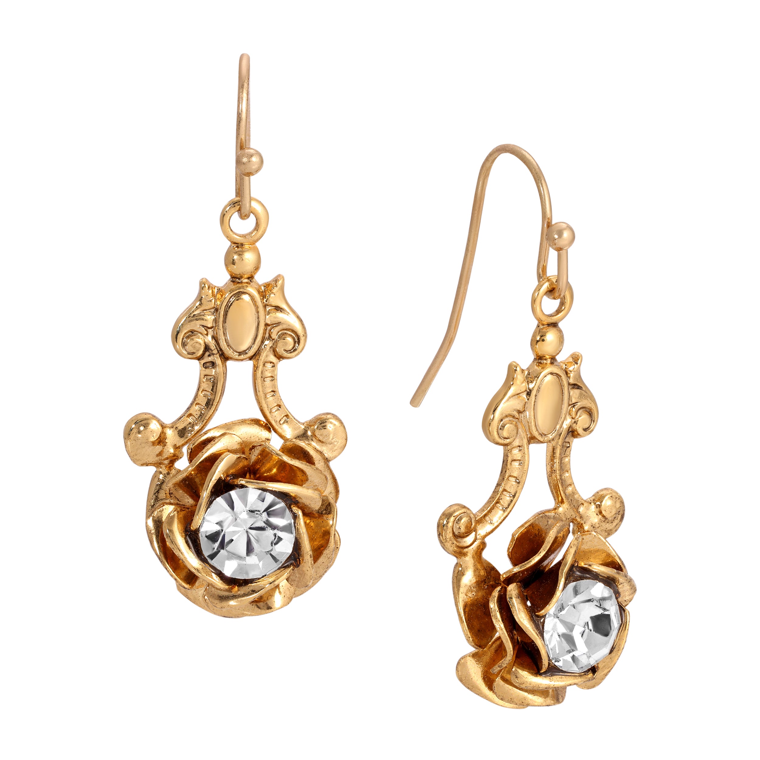 Gold Layered Rose & Crystal Antique Drop Earrings