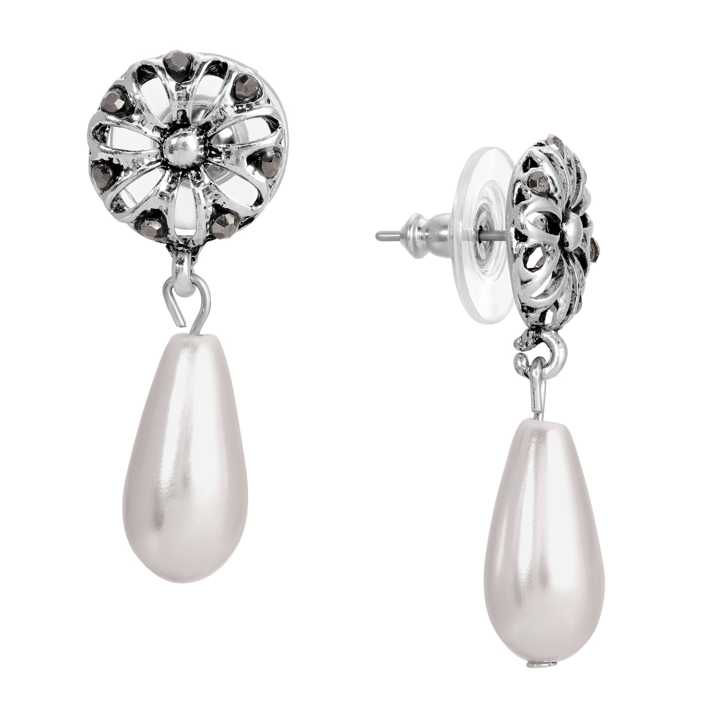 Silver Round Filigree Flower & Gray Faux Pearl Teardrop Stud Earrings