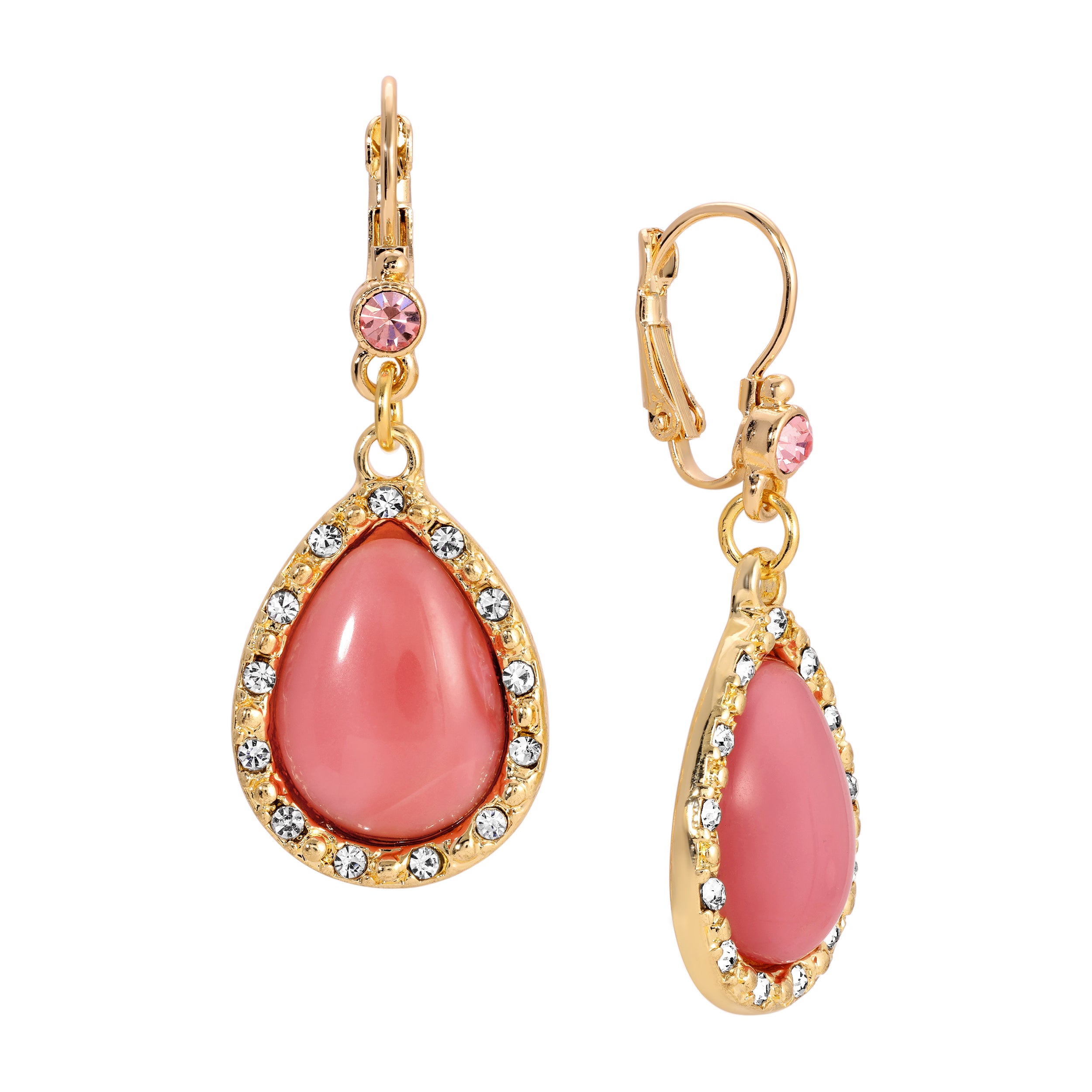 Gold Tone and Pink Moonstone Euro Crystal Drop Earrings