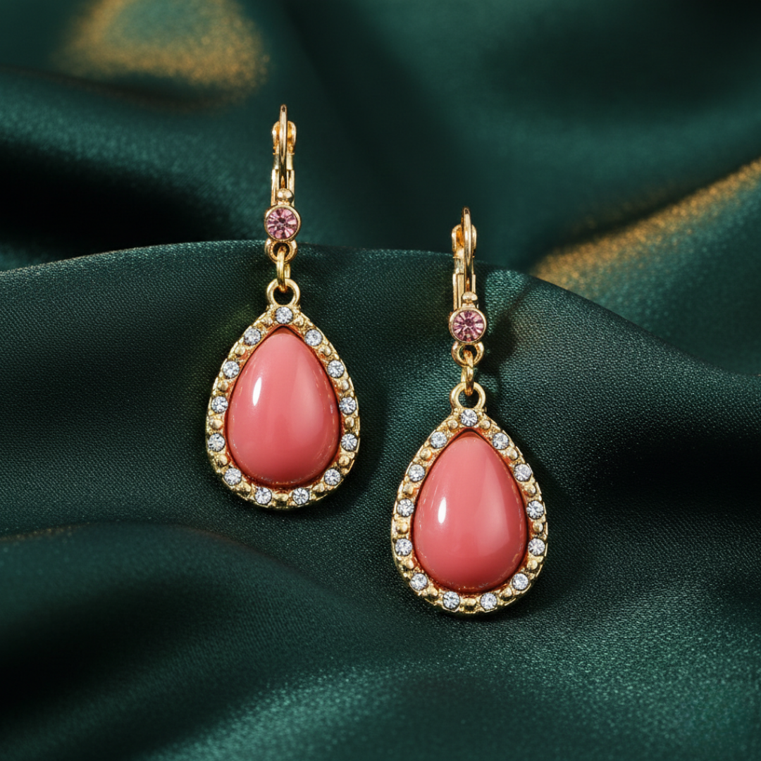 Pink Moonstone Euro Crystal Drop Earrings on dark green satin