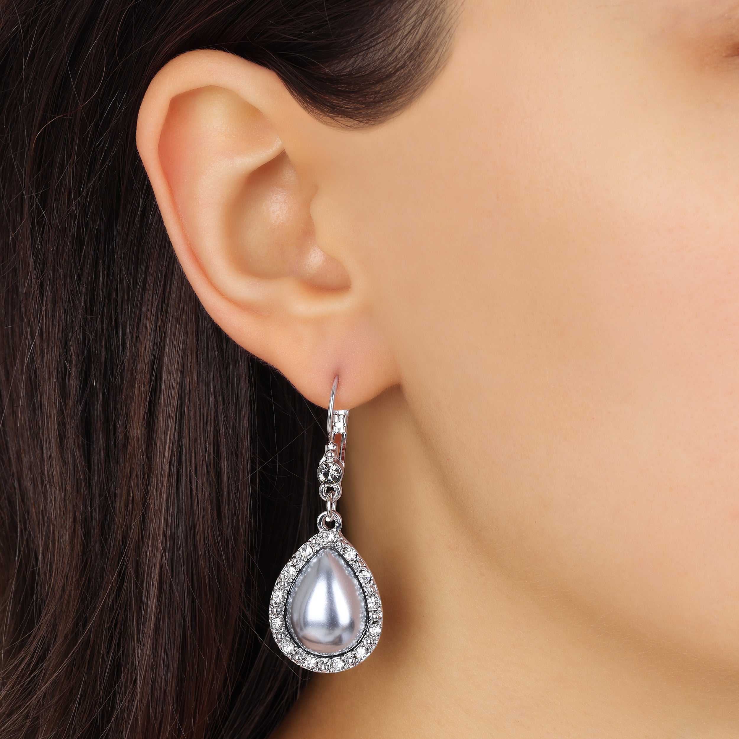 Woman wearing our Silver and Grey Moonstone Euro Crystal Drop Earrings