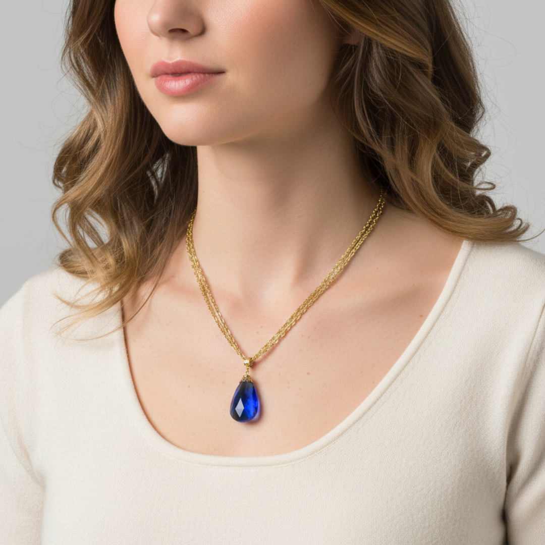 Woman wearing a gold necklace with a blue pendant against a neutral background
