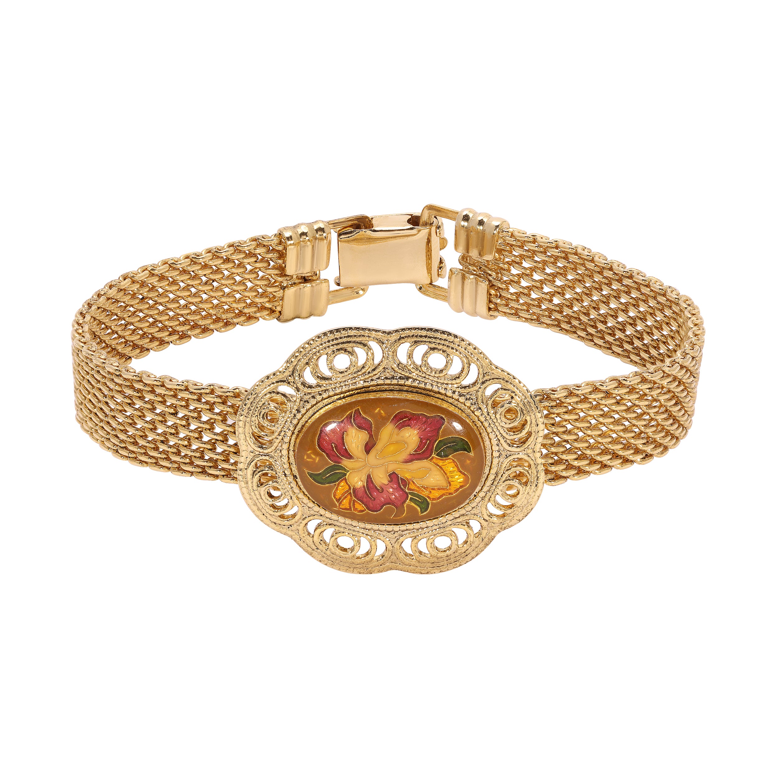 Golden Oval Floral Stone Mesh Chain Bracelet