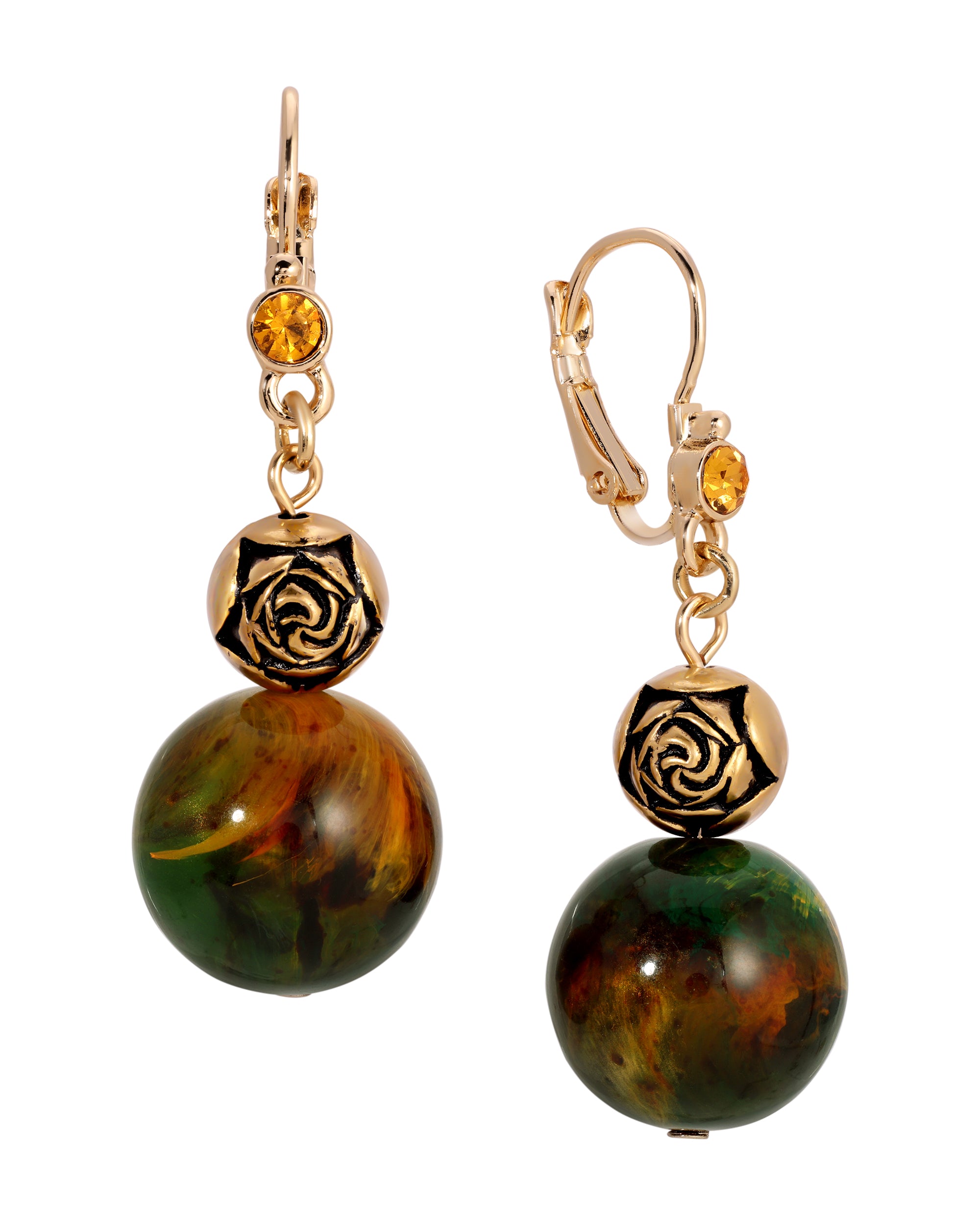 Round Harvest Green & Antiqued Gold Rose Bead Drop Earrings