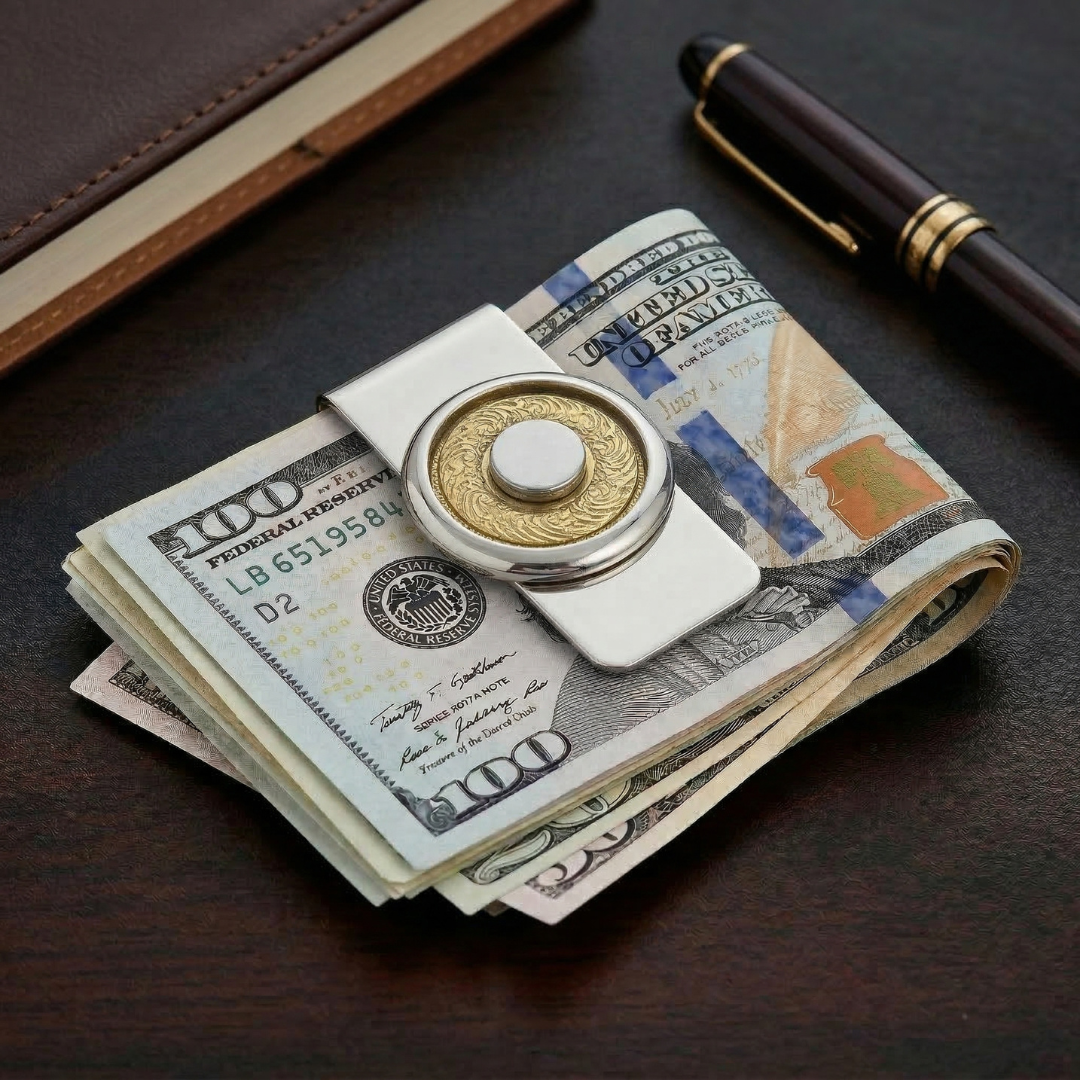 Round silver and hematite money clip holding together a stack of US $100 bills on a desk