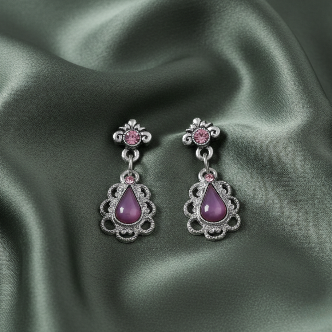 Amethyst Teardrop Moonstone & Crystal Drop Earrings on a sage green background