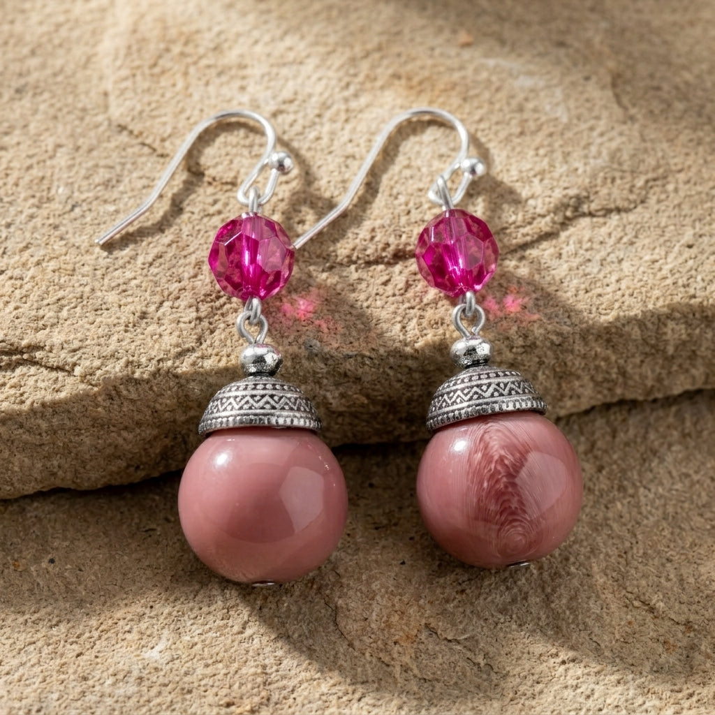 Purple amethyst earrings with silver hooks and beads on a stone surface