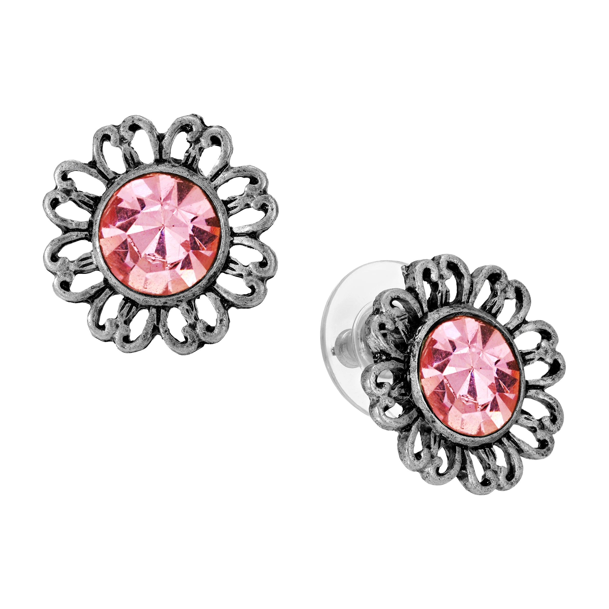 Floral Shaped Pewter & Colorful Light Pink Crystal Post Stud Earrings