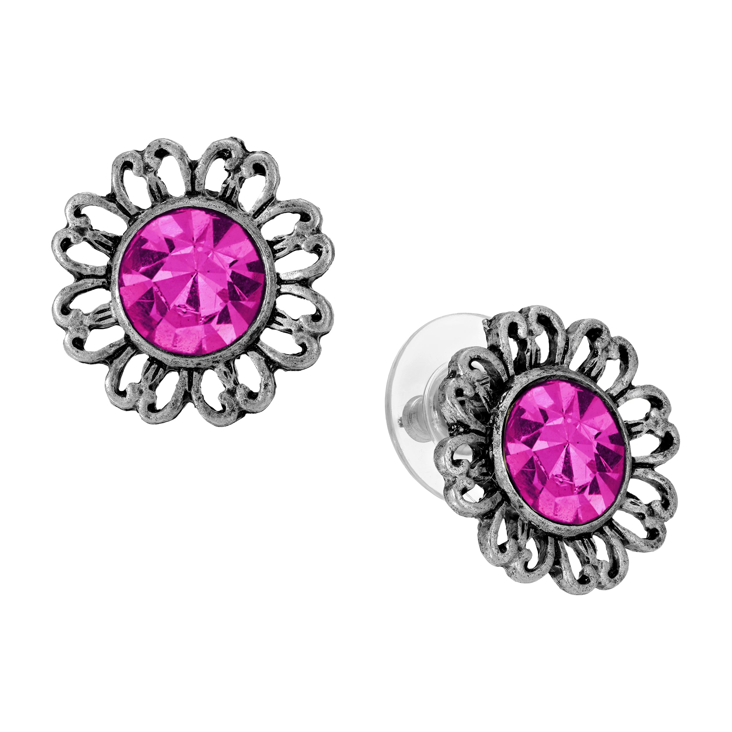 Floral Shaped Pewter & Colorful Dark Pink Crystal Post Stud Earrings