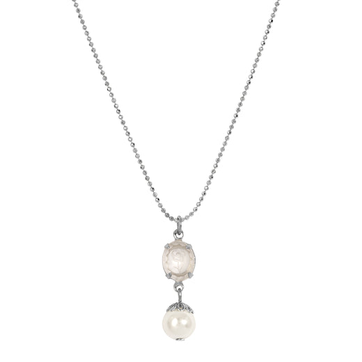 Silver Tone Translucent Flower Engraved Stone & Faux Pearl Drop Pendant Necklace 16"