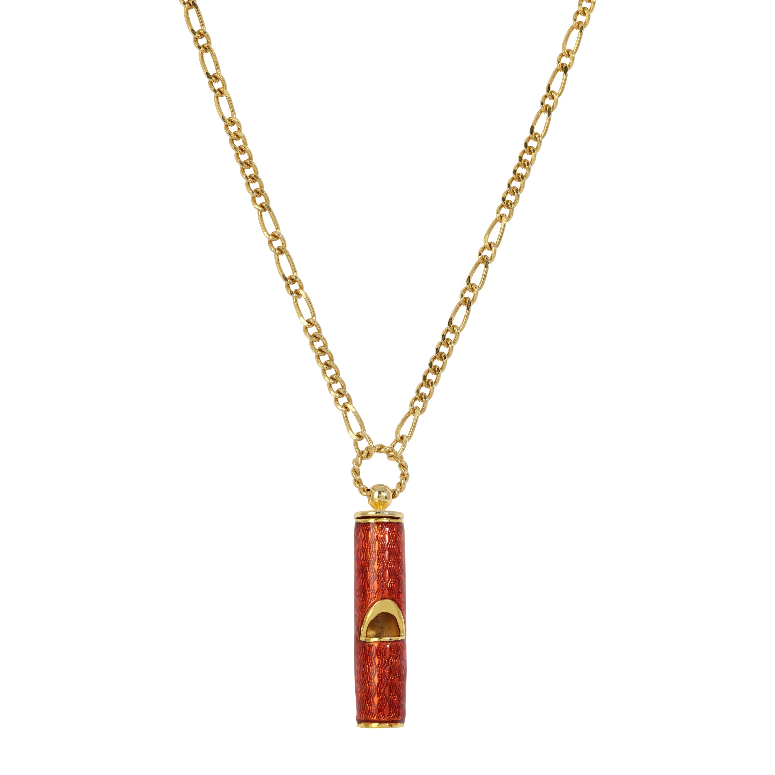 Gold Red Enamel Whistle Pendant Necklace 28"
