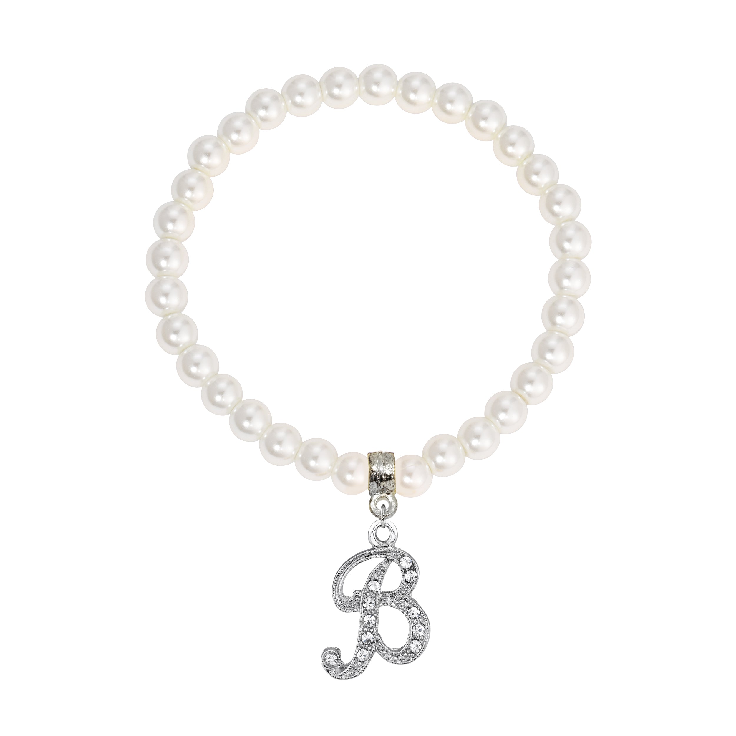 Faux Pearl Initial Stretch Bracelet featuring a silver "B" charm