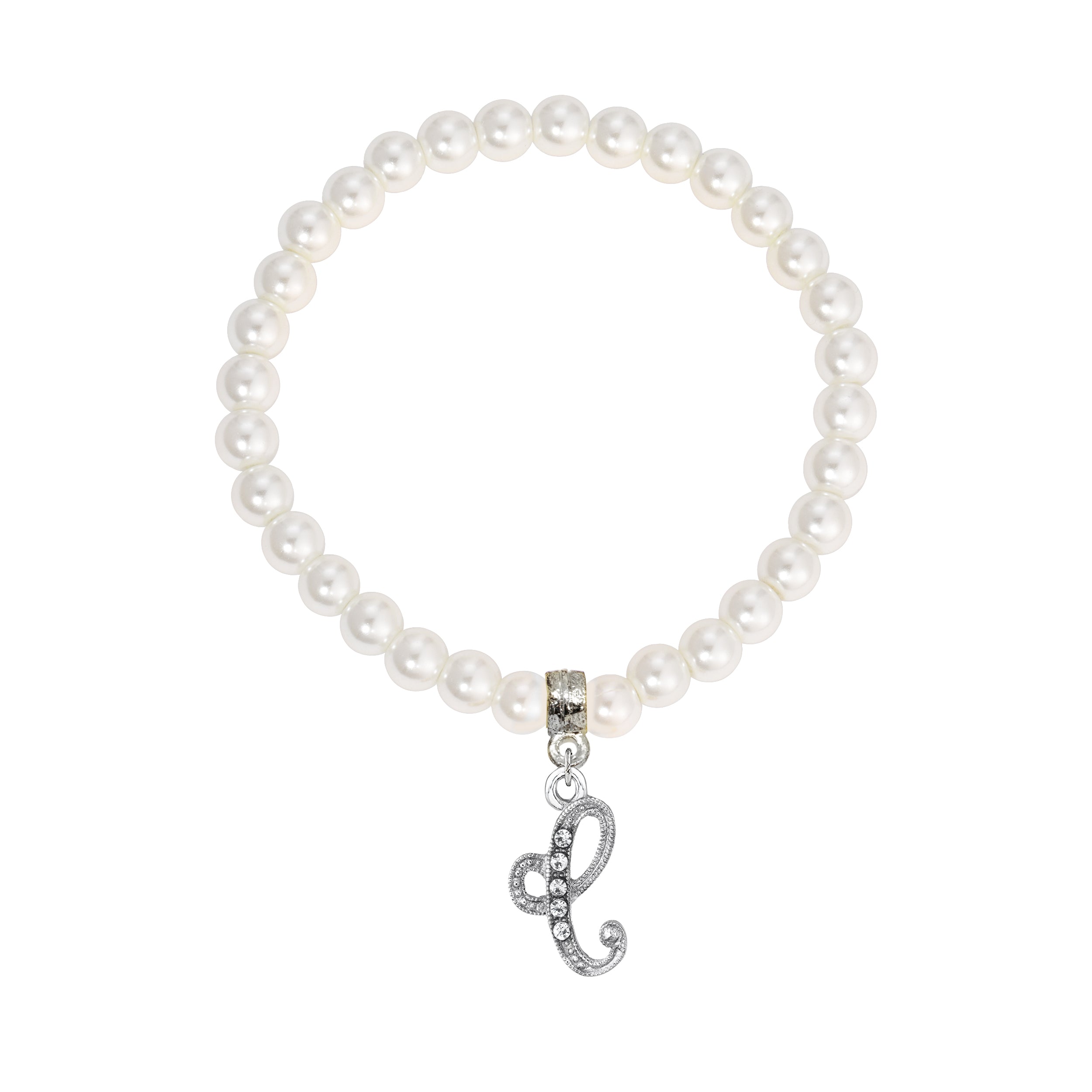 Faux Pearl Initial Stretch Bracelet featuring a silver "C" charm