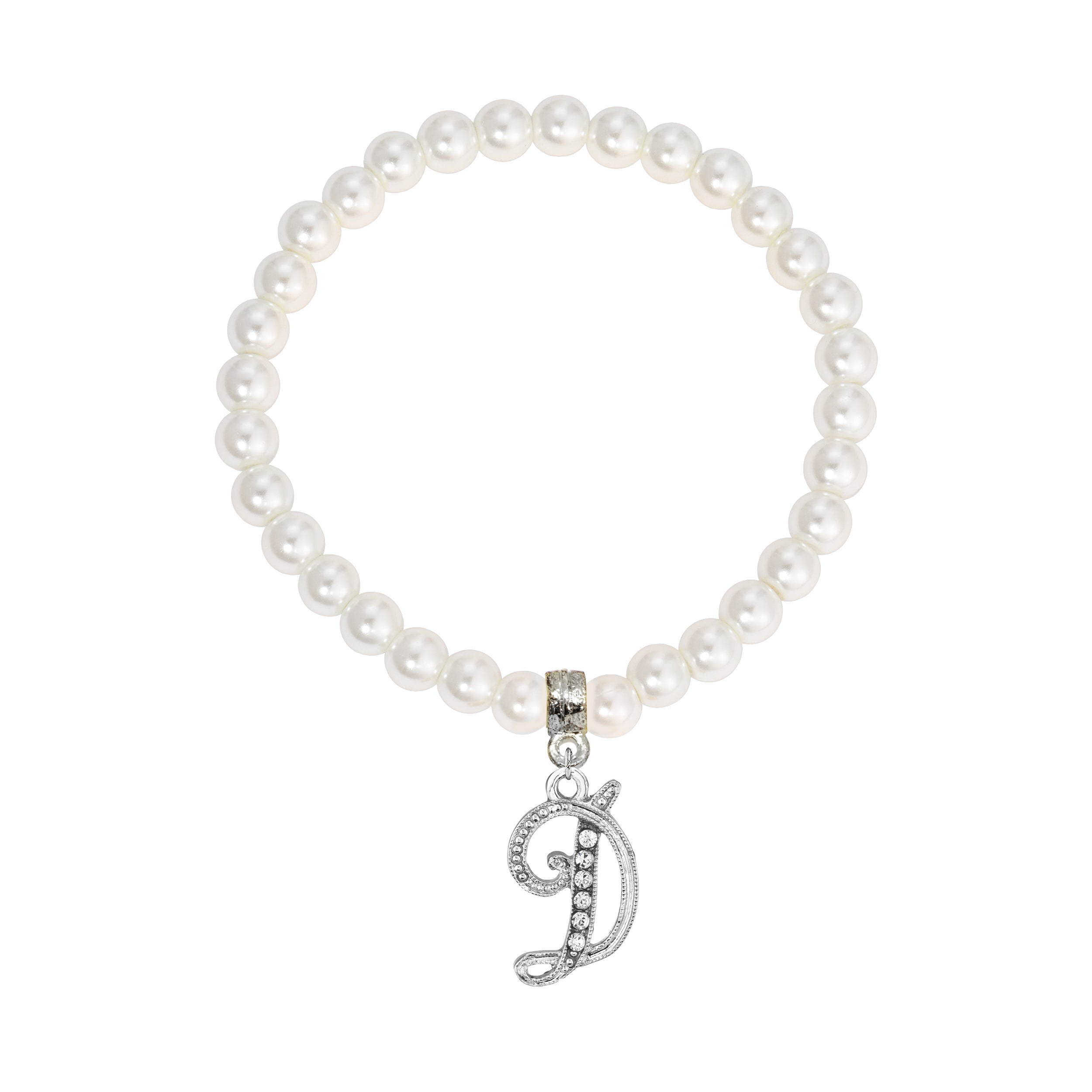 Faux Pearl Initial Stretch Bracelet featuring a silver "D" charm
