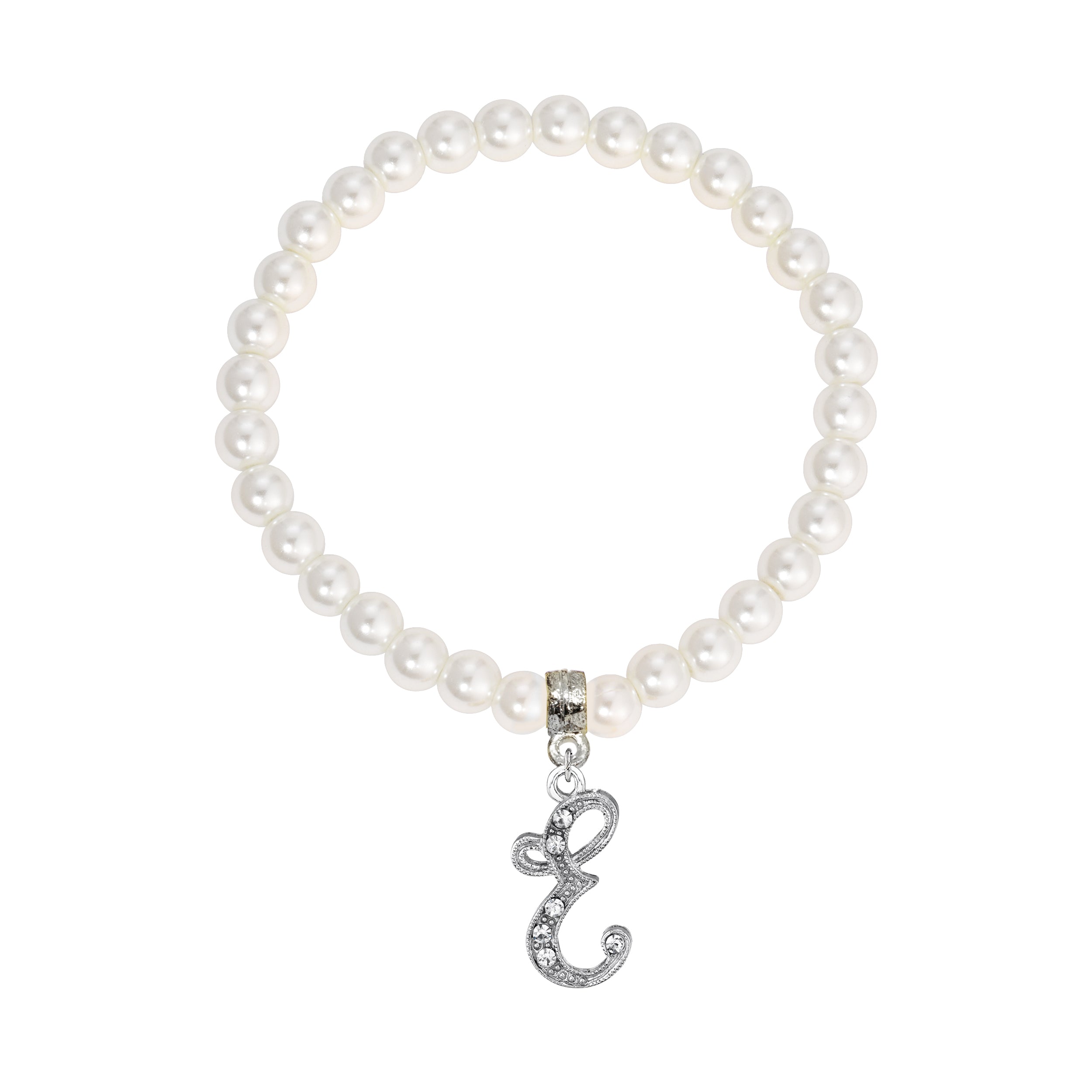 Faux Pearl Initial Stretch Bracelet featuring a silver "E" charm