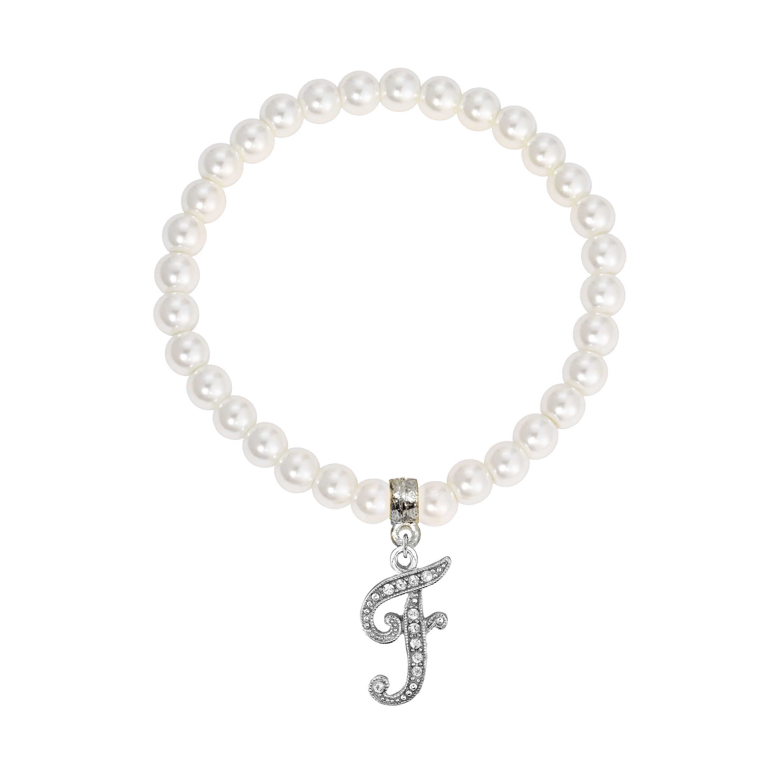 Faux Pearl Initial Stretch Bracelet featuring a silver "F" charm