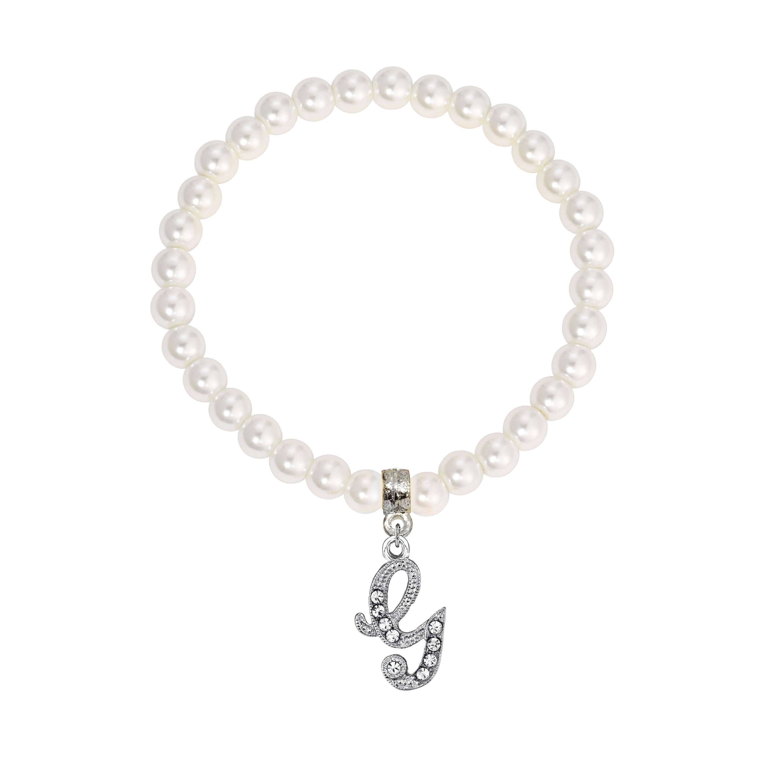 Faux Pearl Initial Stretch Bracelet featuring a silver "G" charm