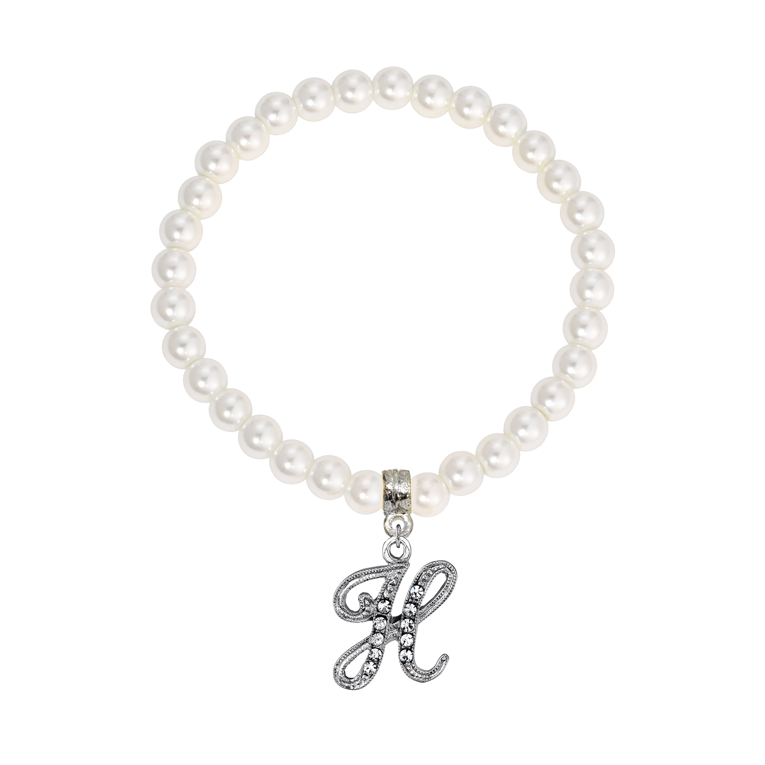 Faux Pearl Initial Stretch Bracelet featuring a silver "H" charm