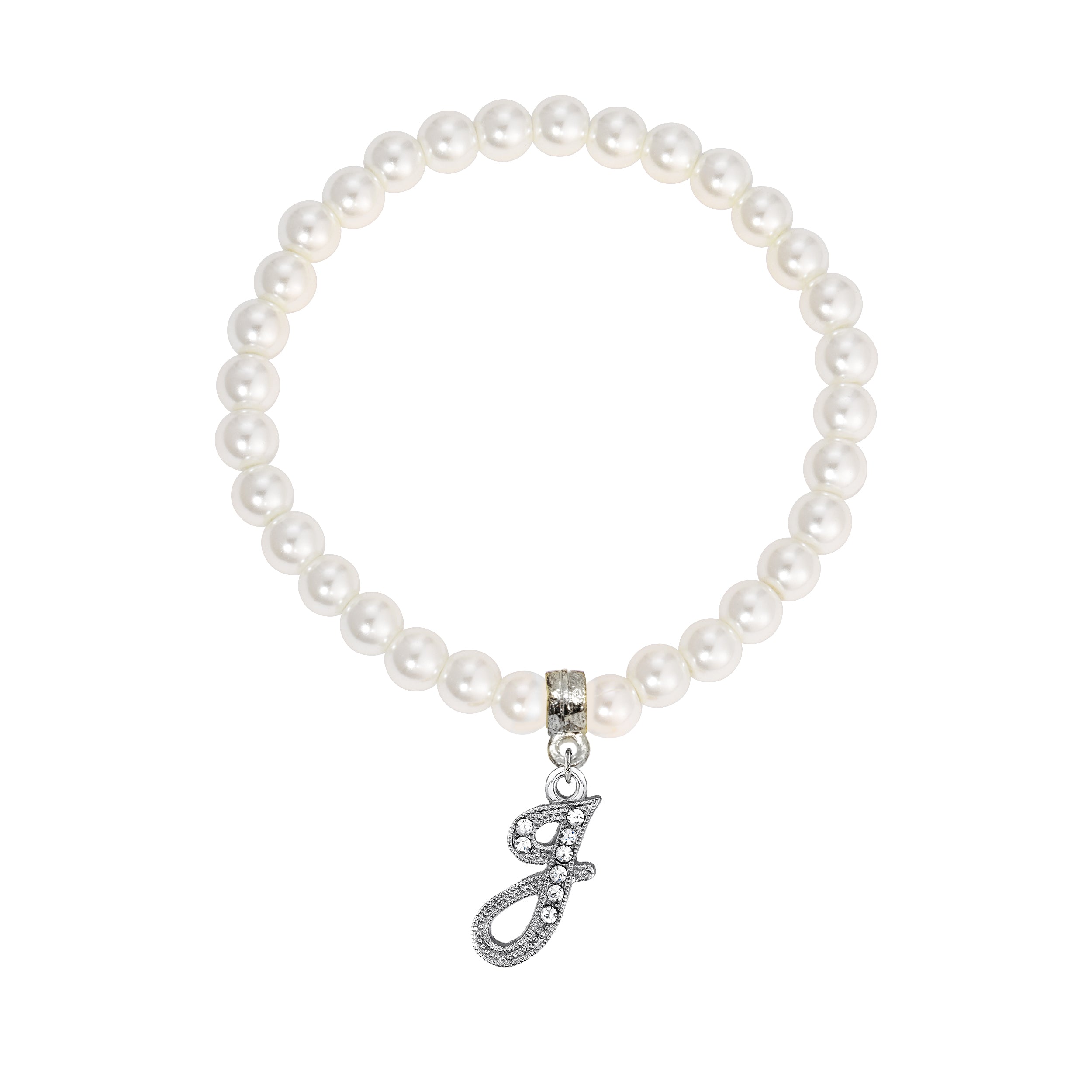 Faux Pearl Initial Stretch Bracelet featuring a silver "J" charm