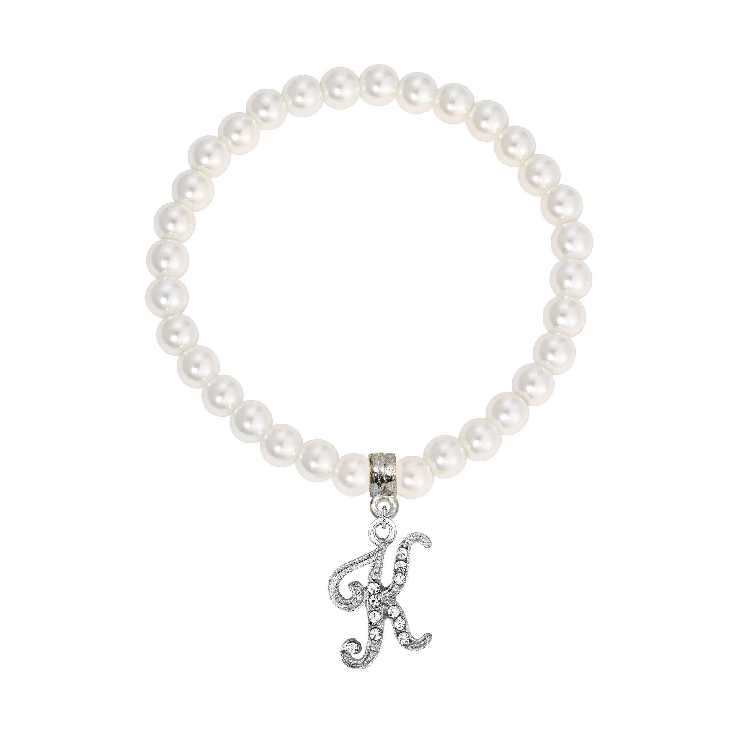 Faux Pearl Initial Stretch Bracelet featuring a silver "K" charm