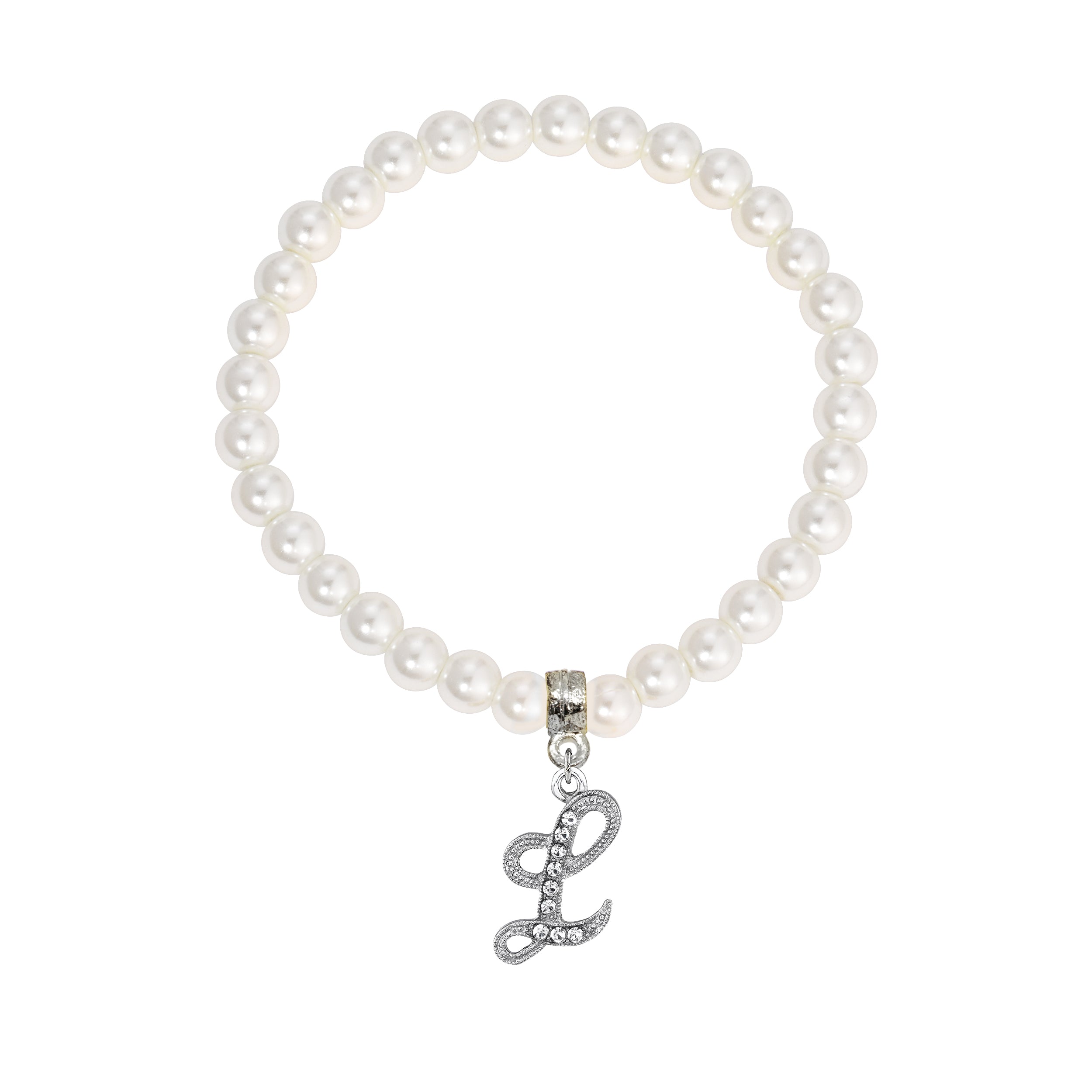Faux Pearl Initial Stretch Bracelet featuring a silver "L" charm