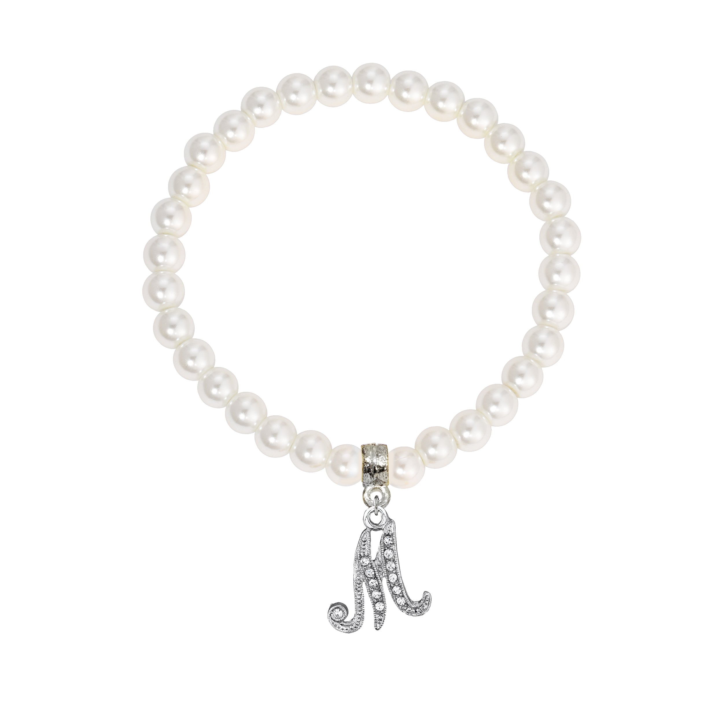 Faux Pearl Initial Stretch Bracelet featuring a silver "M" charm