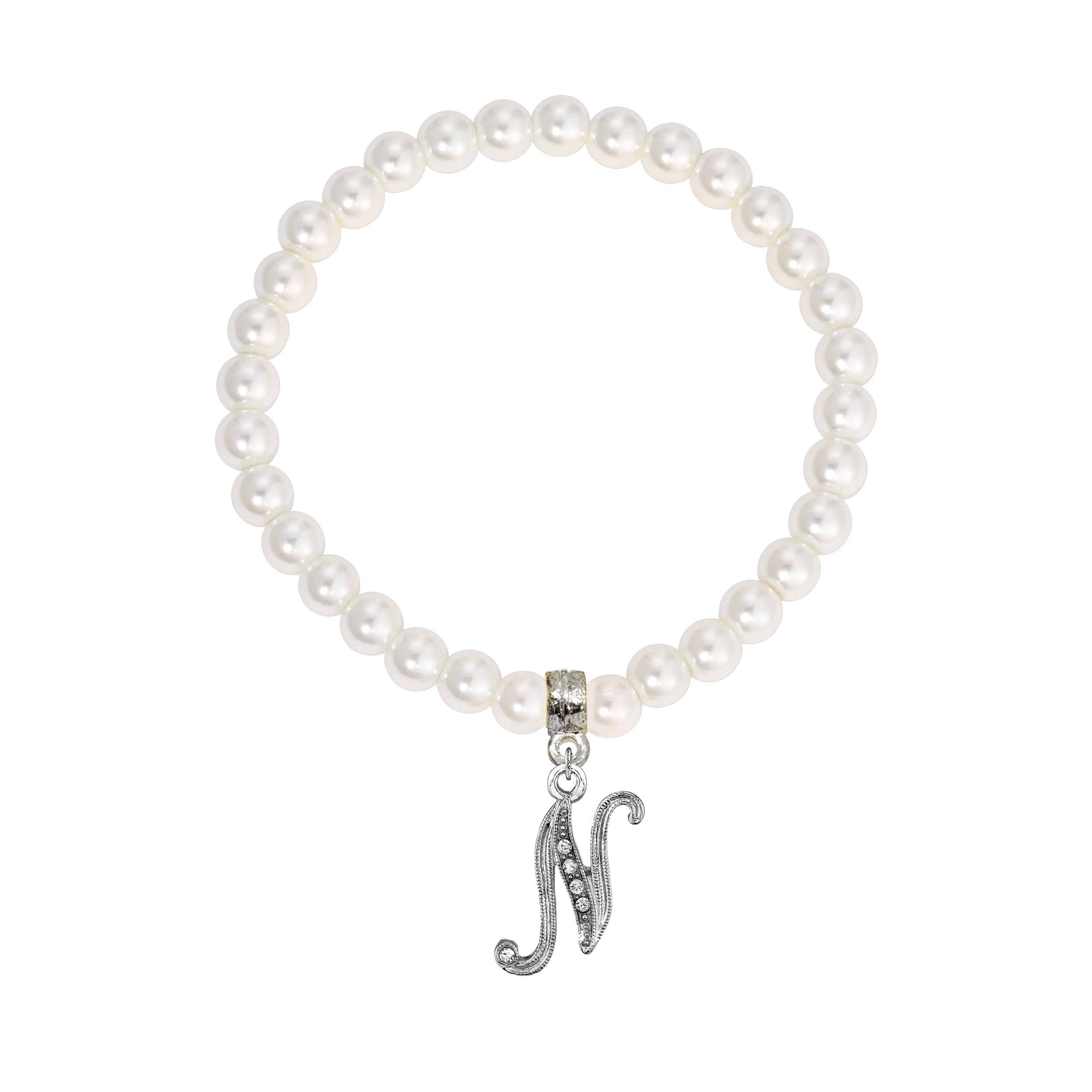 Faux Pearl Initial Stretch Bracelet featuring a silver "N" charm