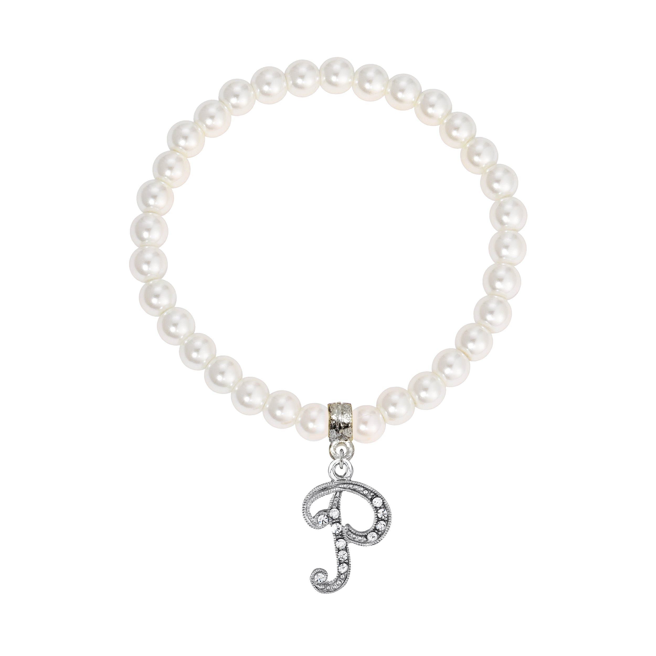 Faux Pearl Initial Stretch Bracelet featuring a silver "P" charm