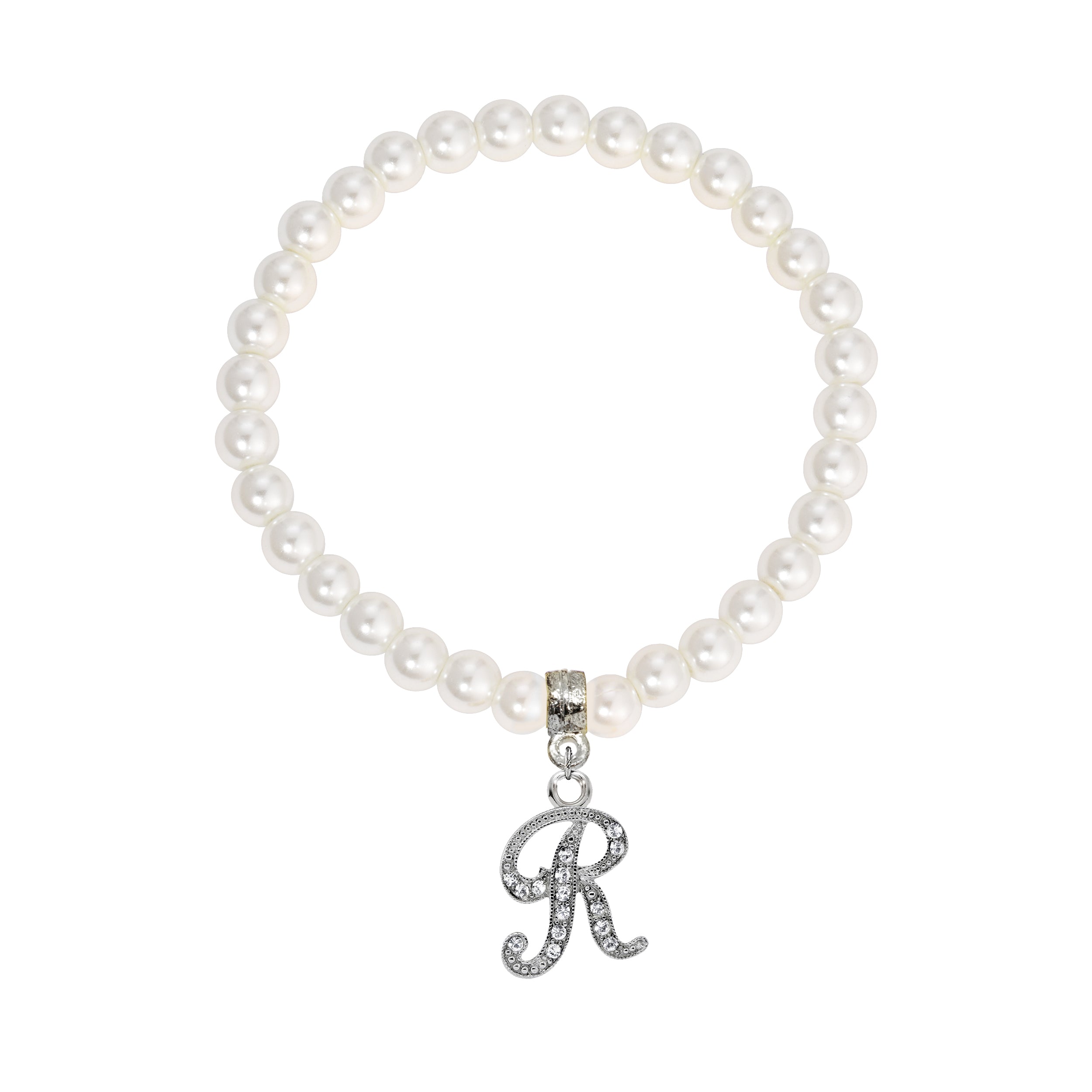 Faux Pearl Initial Stretch Bracelet featuring a silver "R" charm