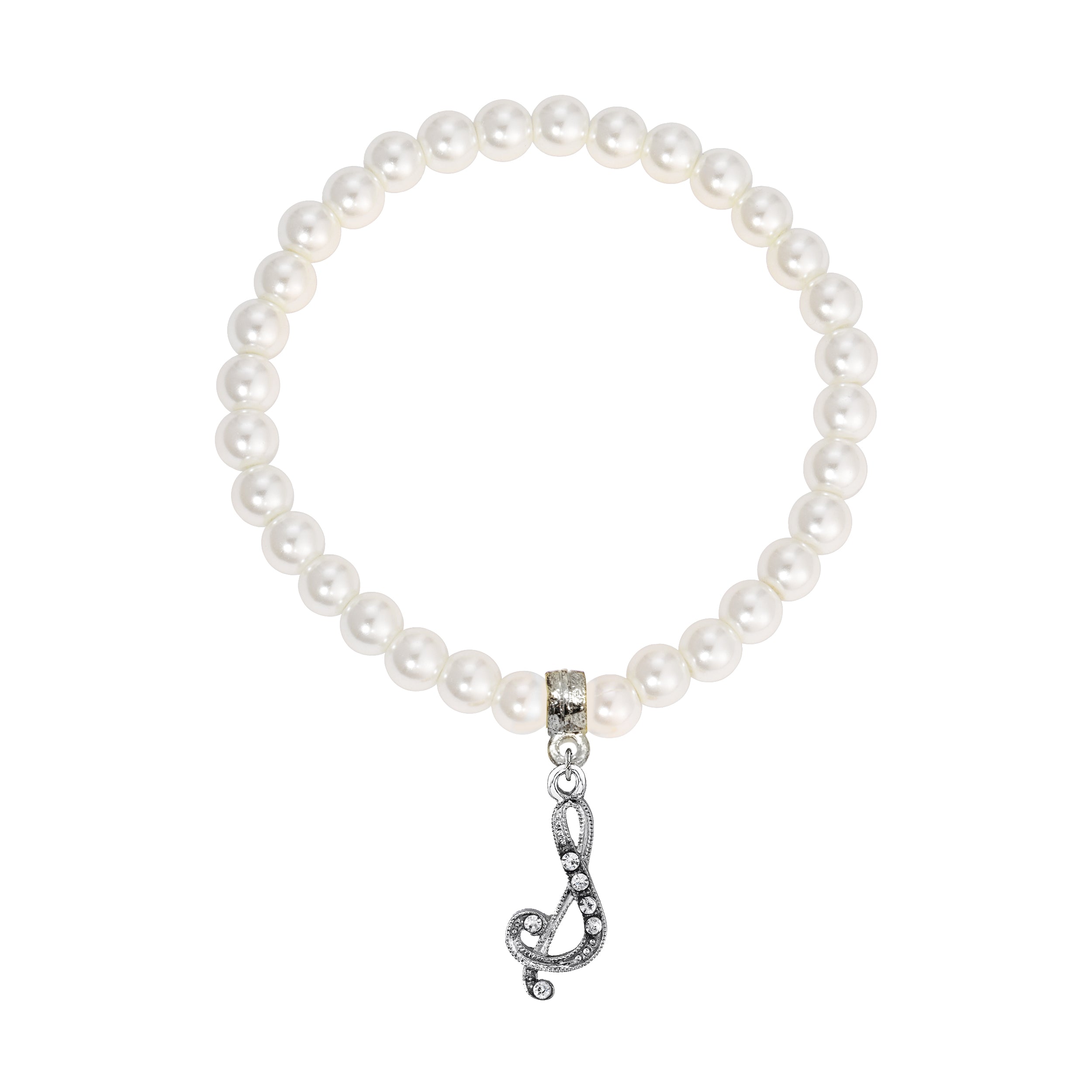 Faux Pearl Initial Stretch Bracelet featuring a silver "S" charm