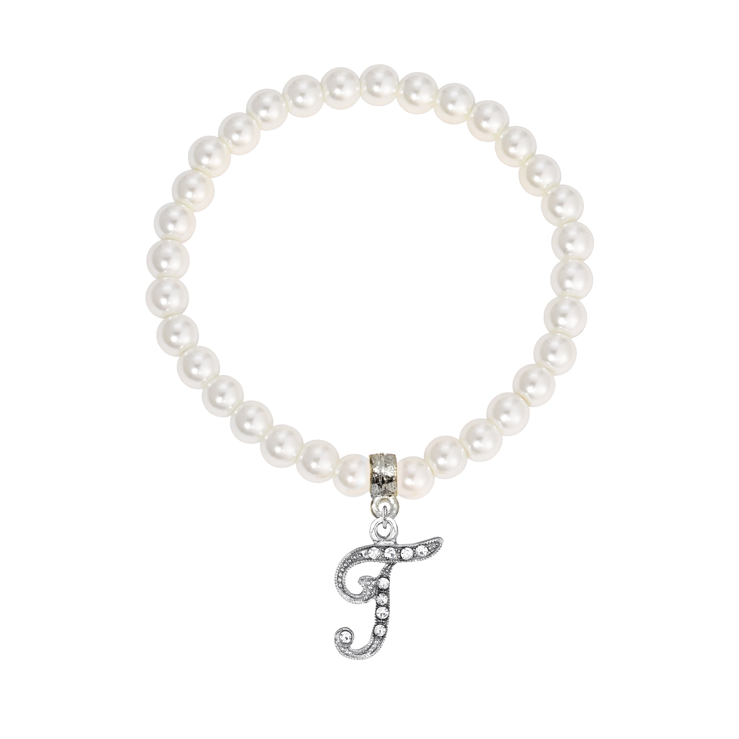 Faux Pearl Initial Stretch Bracelet featuring a silver "T" charm
