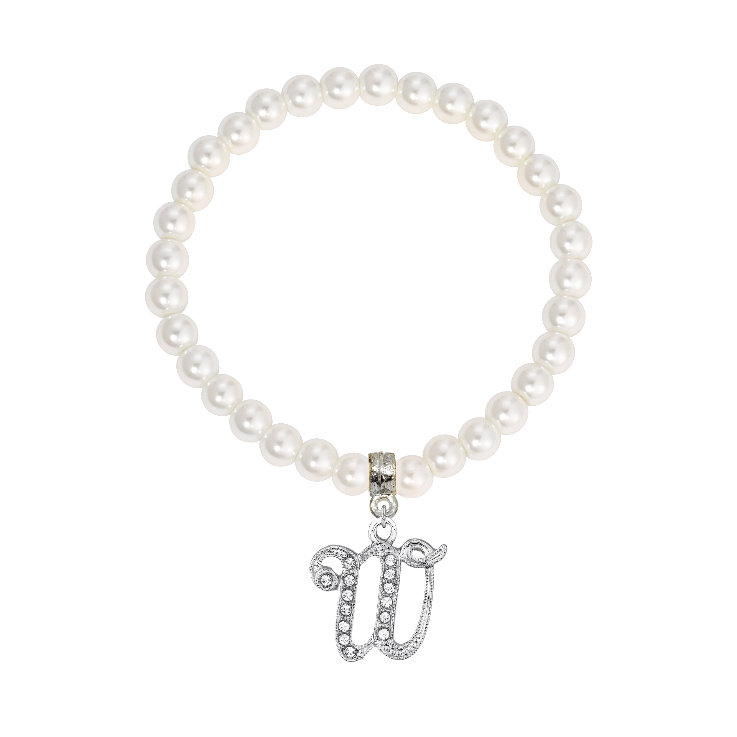 Faux Pearl Initial Stretch Bracelet featuring a silver "W" charm