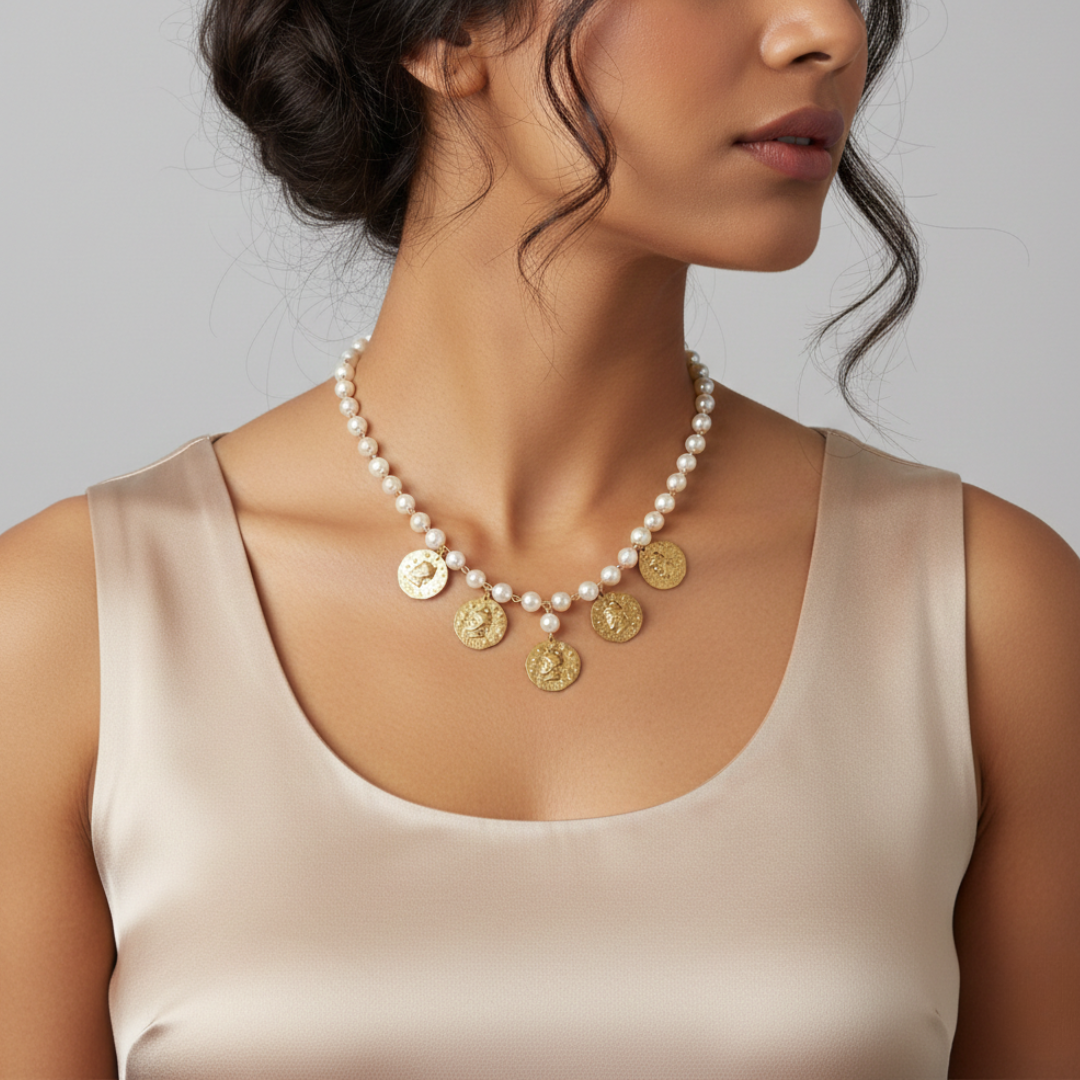 Woman wearing a pearl and gold necklace against a neutral background