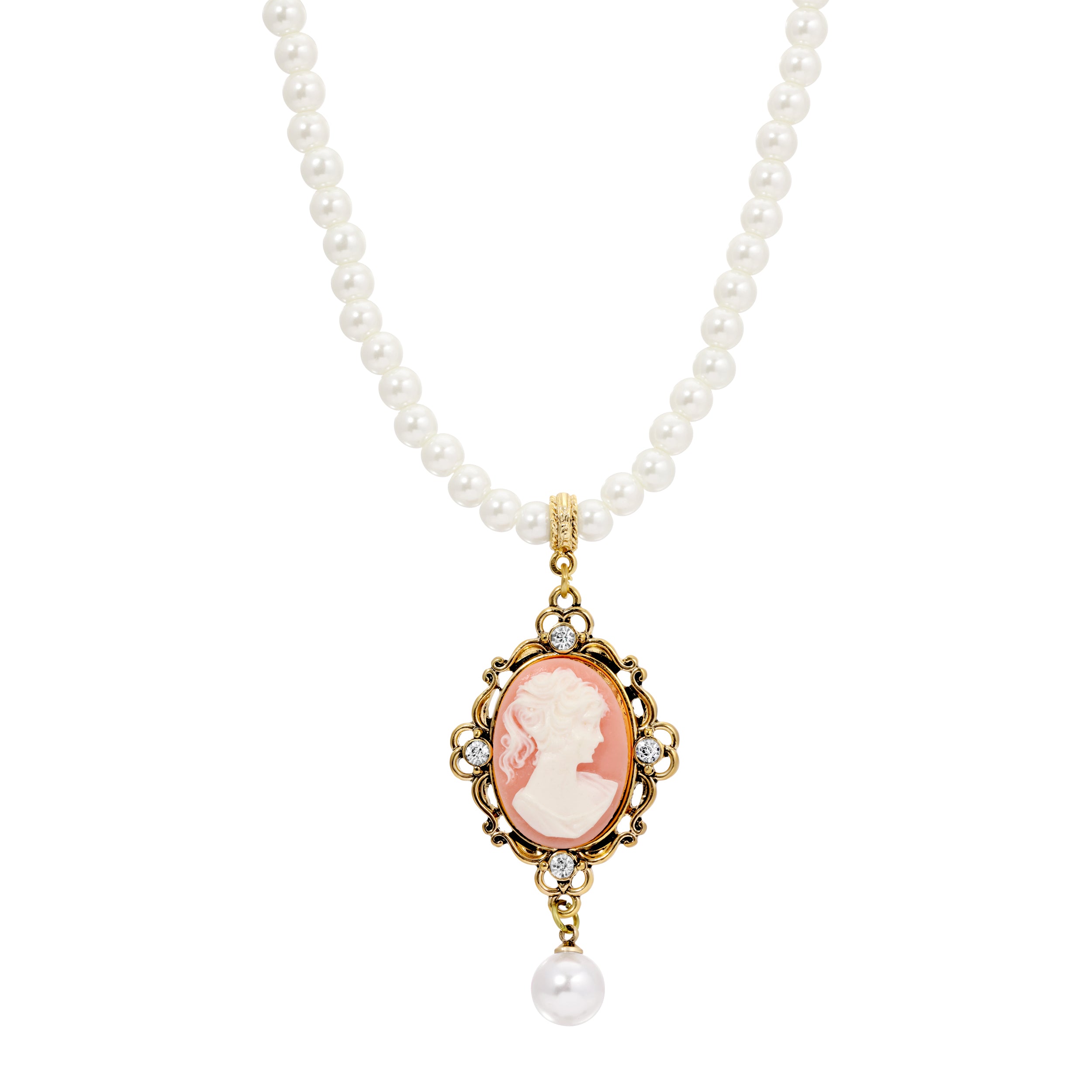 Pink & White Cameo Pearl Drop Beaded Necklace 15.5" + 3" Extension