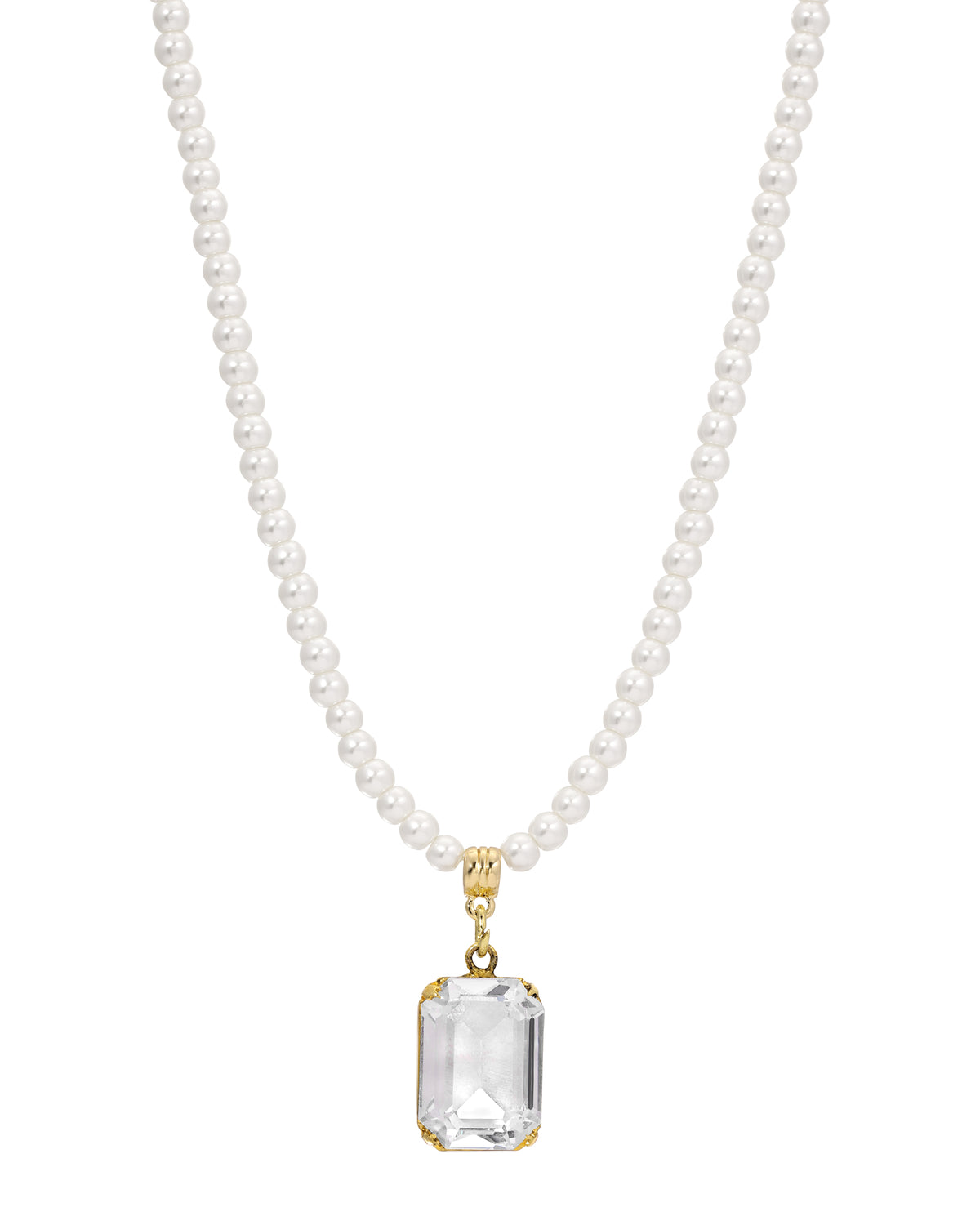 Octagon Crystal & Round Faux Pearl Beaded Strand Pendant Necklace 15" + 3" Extension