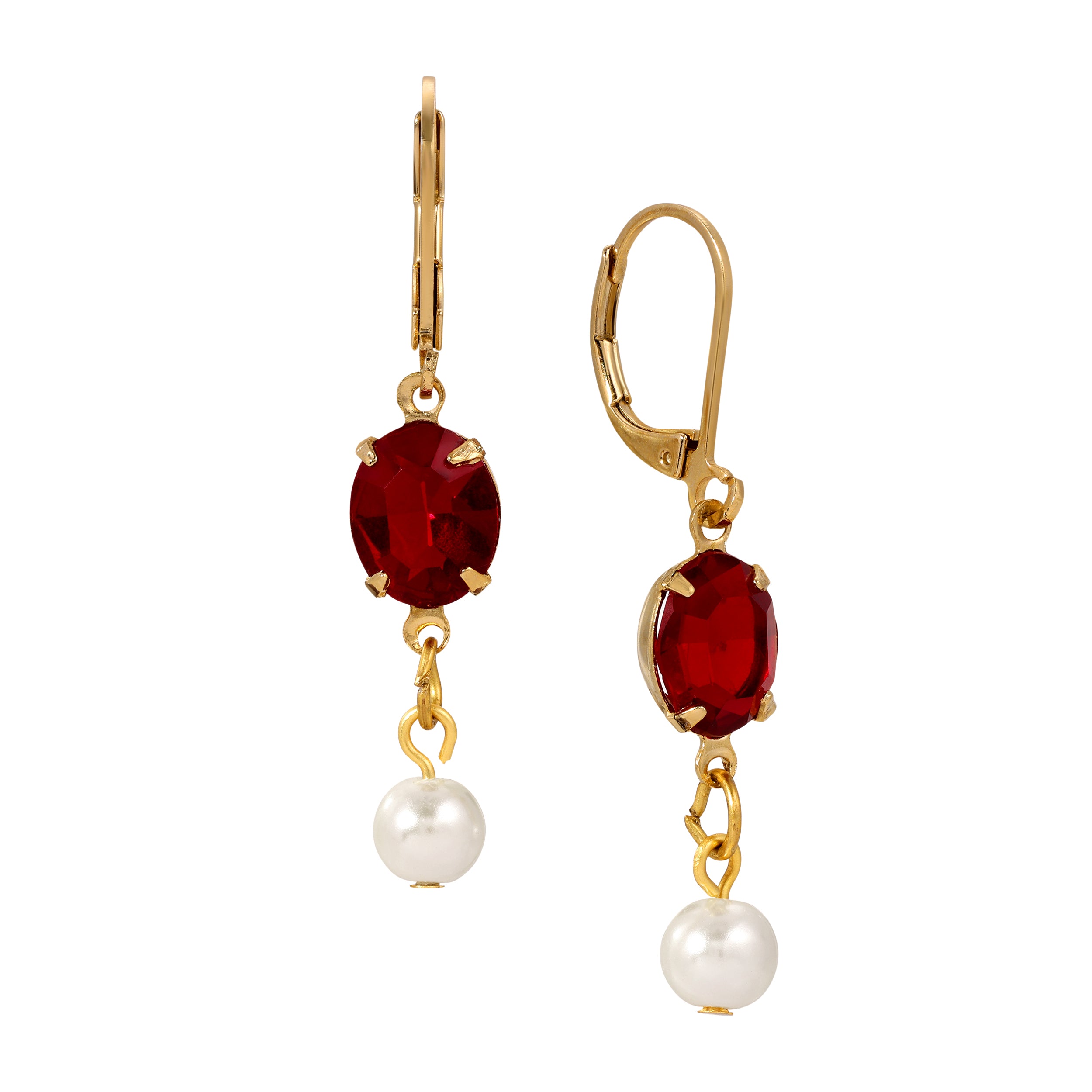 Oval Siam Red Crystal & Pearl Bead Drop & Dangle Earrings