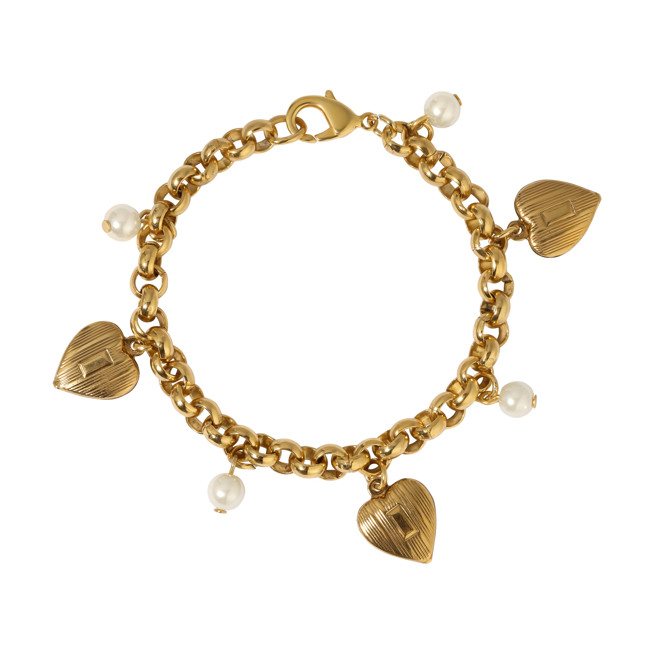 Gold Heart & Round Faux Pearl Charm Bracelet