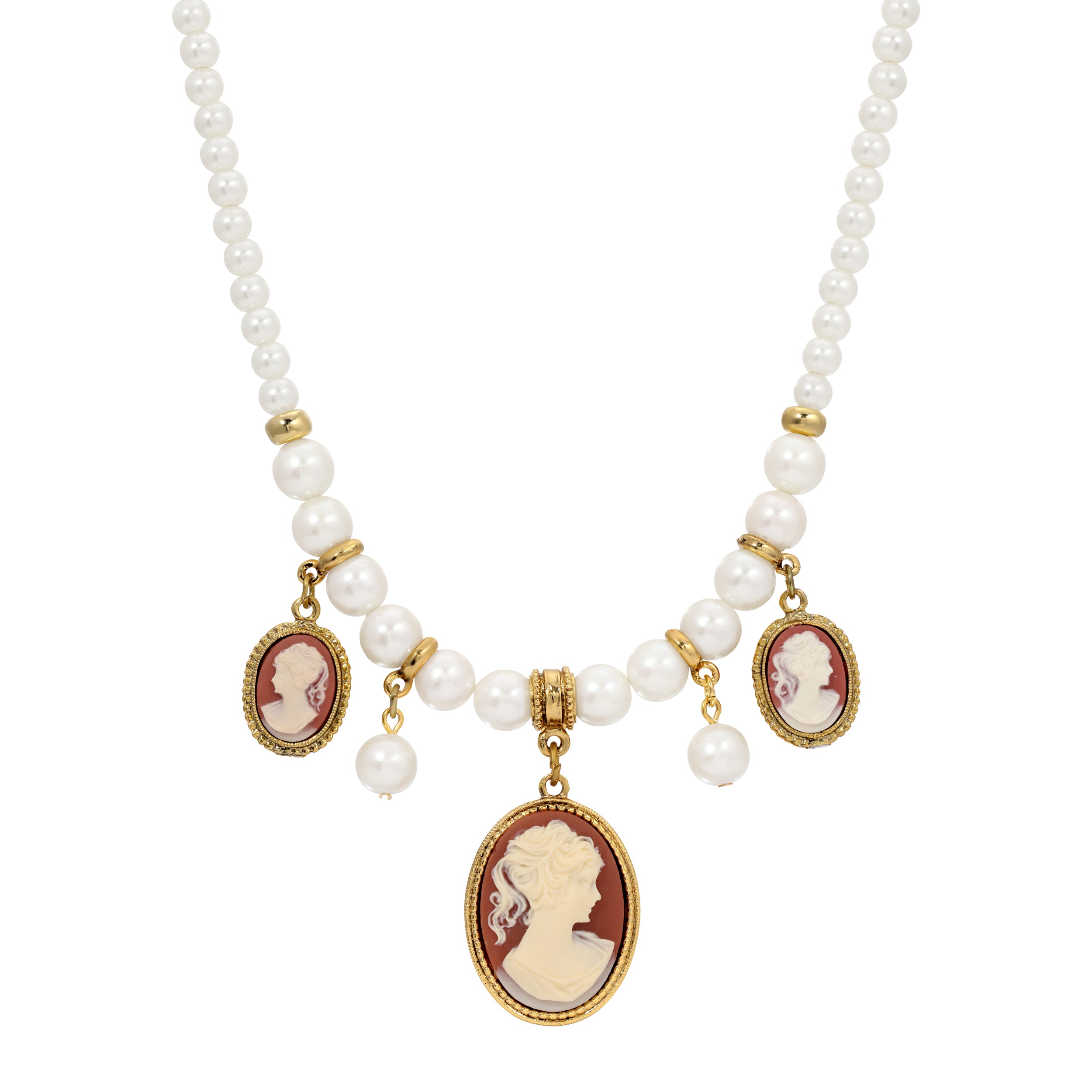 Gold Tone 3 Cameo 8mm Glass Pearl Necklace 15