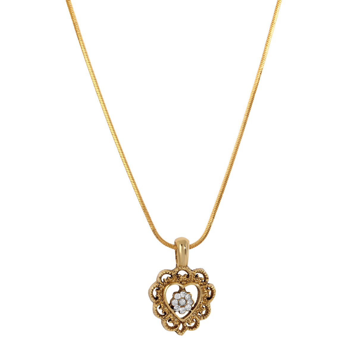 Golden Filigree Heart & Crystal Pendant Necklace 15"