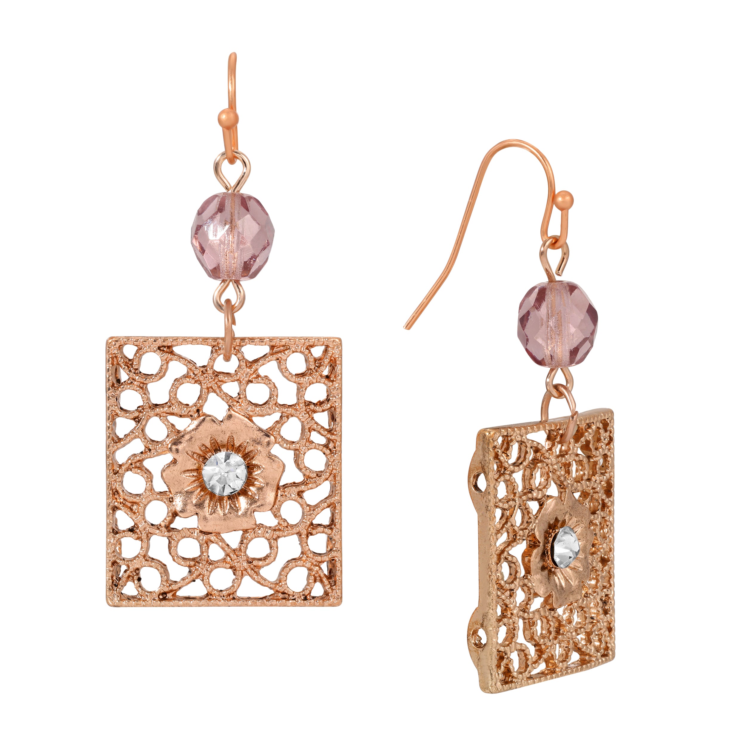 Rose Gold Square Filigree Purple Fire Polished Glass Crystal Drop & Dangle Earrings