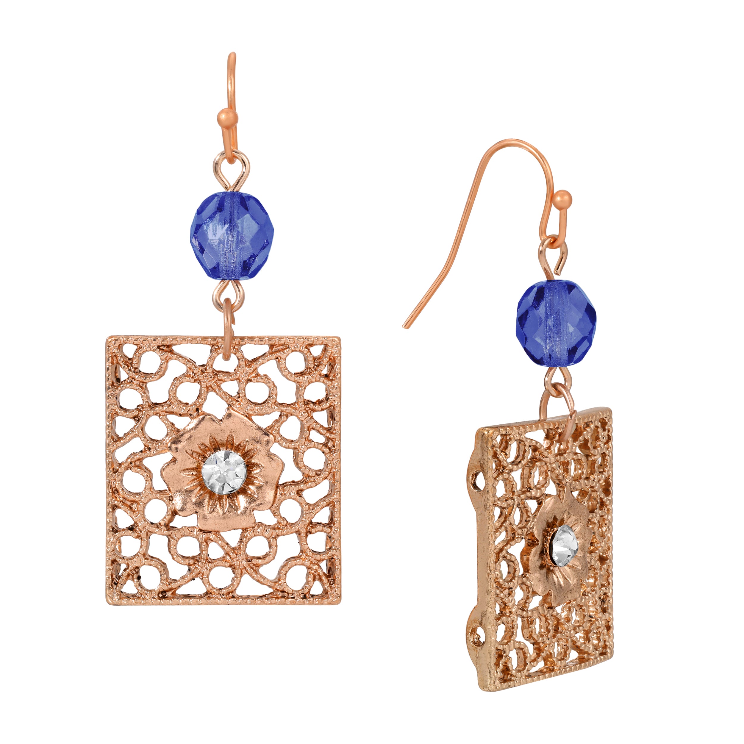 Rose Gold Square Filigree Blue Fire Polished Glass Crystal Drop & Dangle Earrings