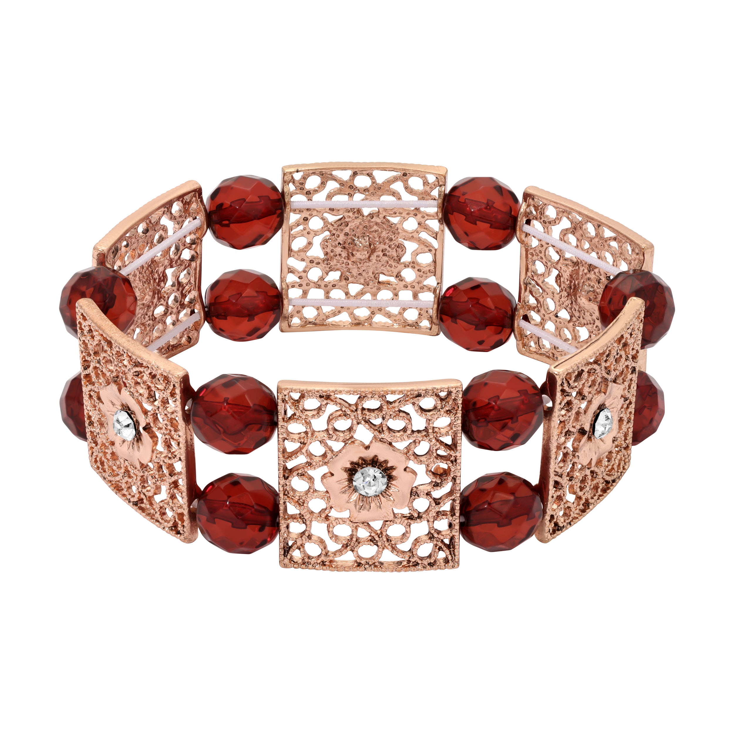 Rose Gold Square Floral Filigree & Fire Polished Ruby Red Glass Bead Stretch Bracelet