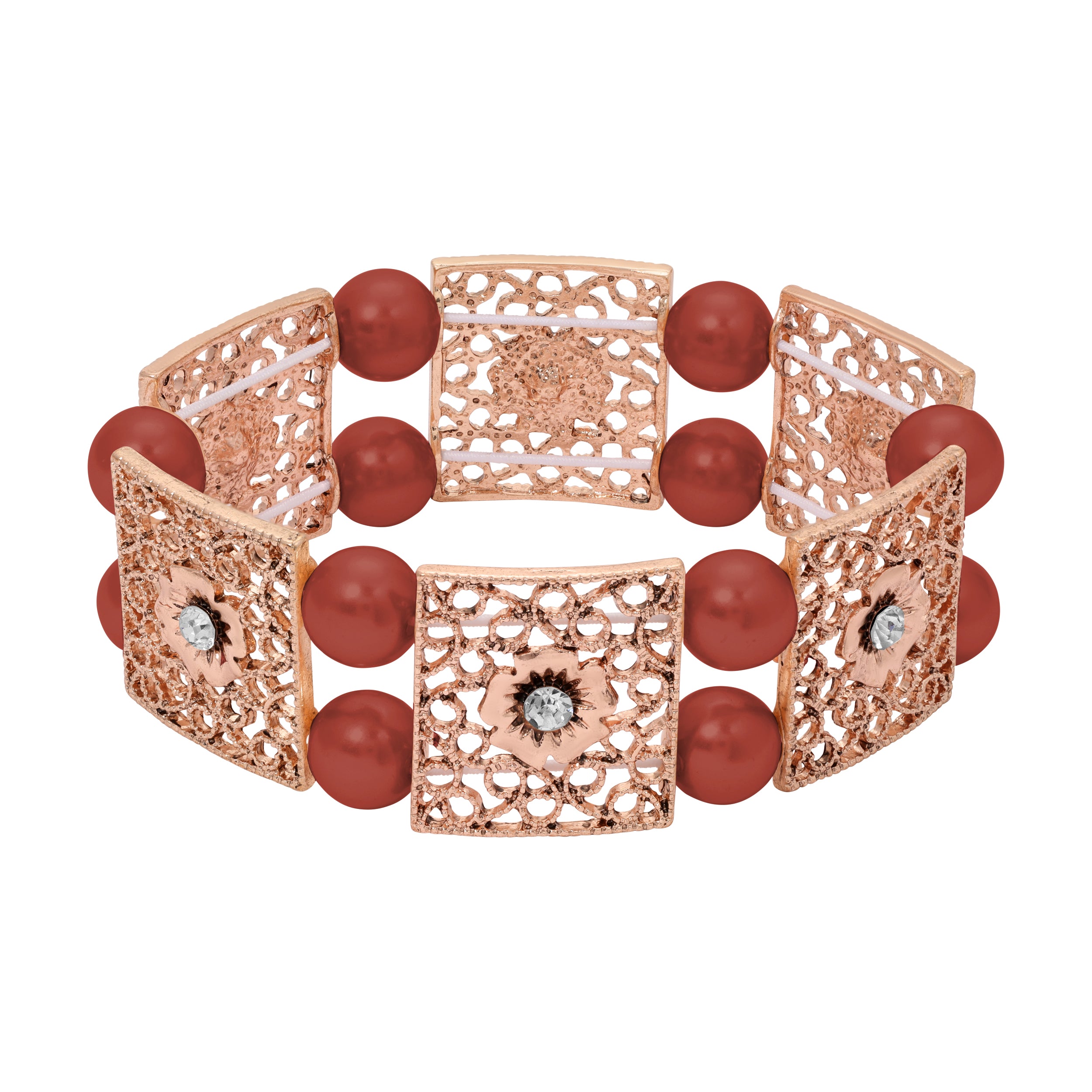 Rose Gold Square Floral Filigree & Smooth Round Red Bead Stretch Bracelet