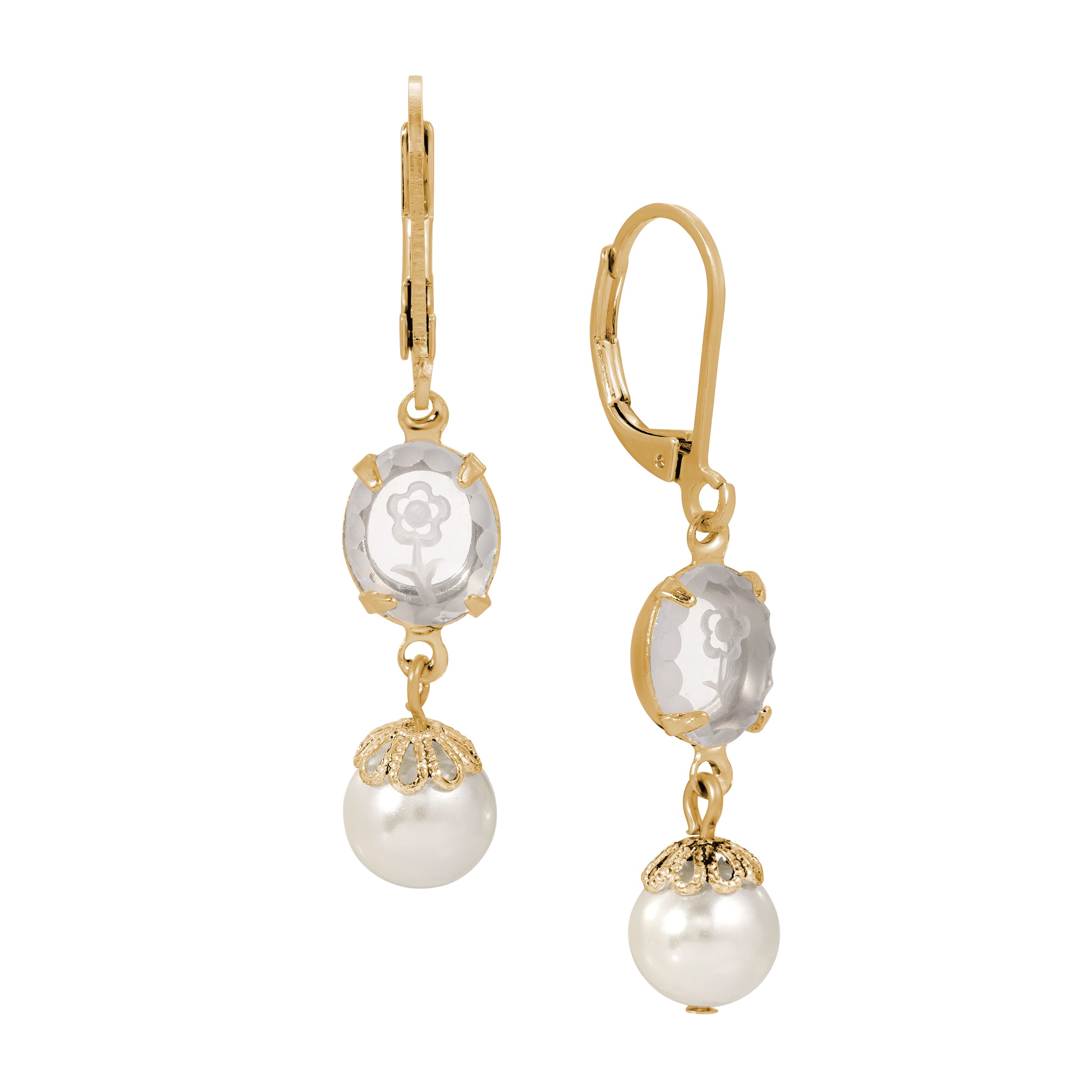Gold & Glass Crystal Flower Engraved Faux Pearl Drop Leverback Earrings