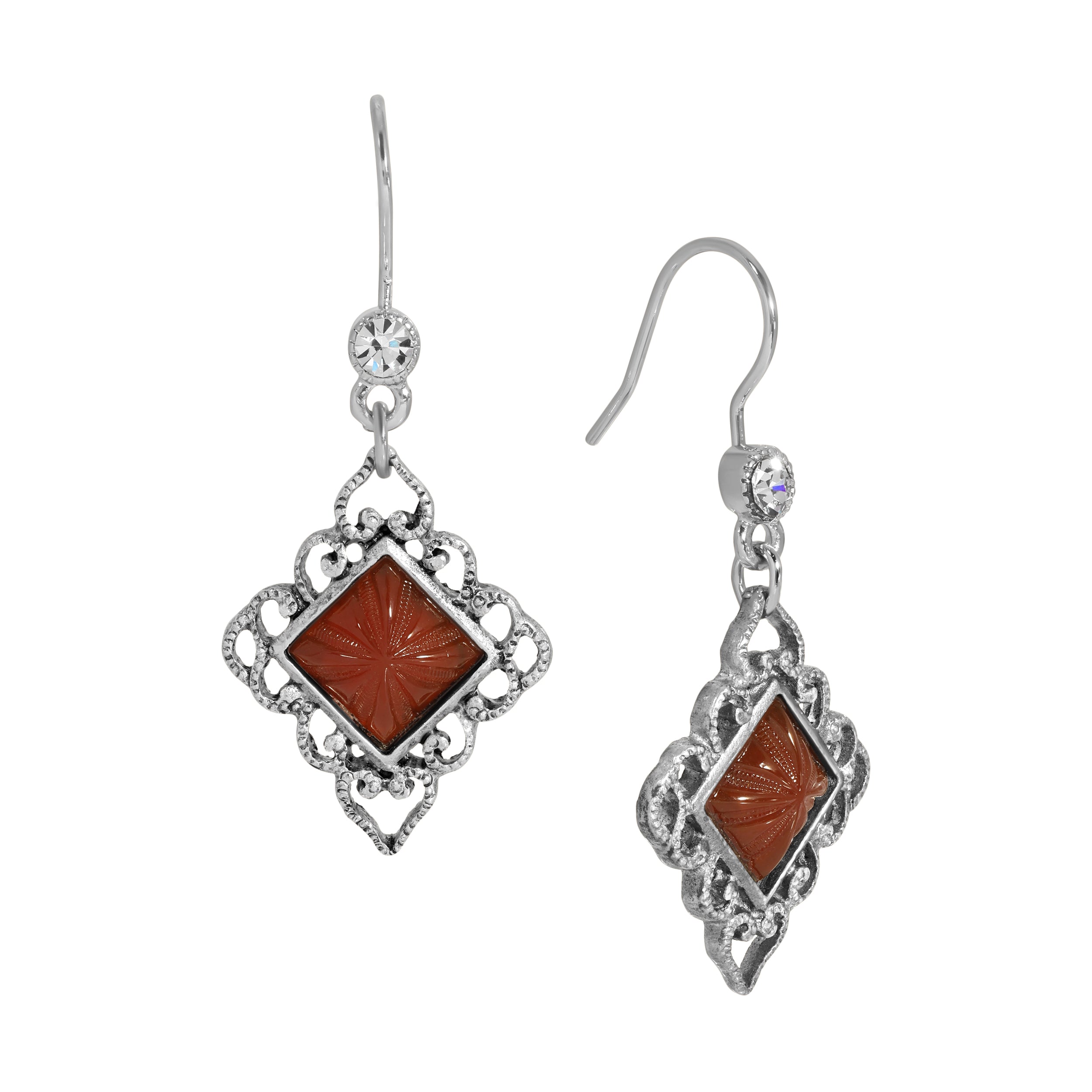 Silver Filigree & Carnelian Red Diamond Shaped Stone Drop Earrings