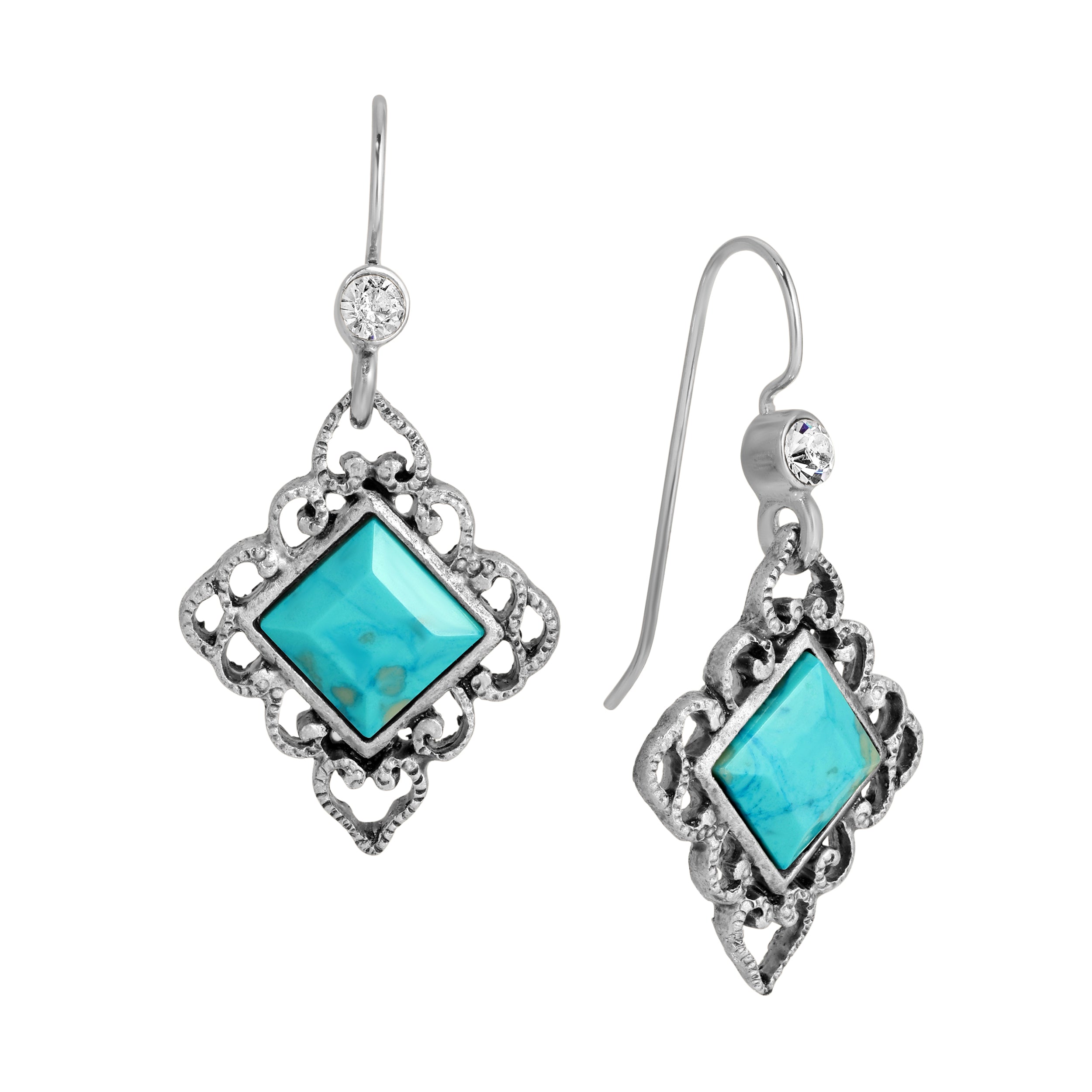 Silver Filigree & Turquoise Diamond Shaped Stone Drop Earrings