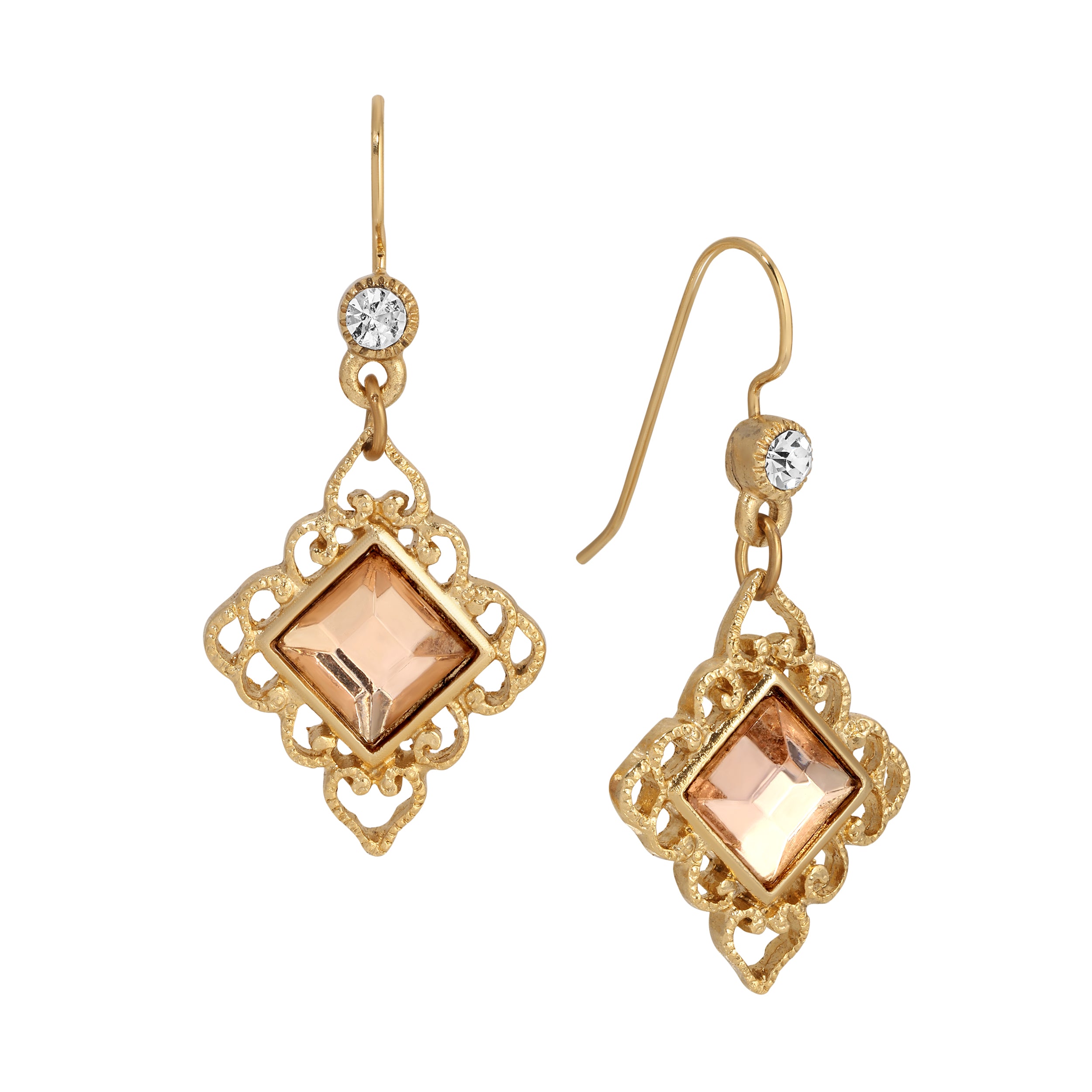 Gold Filigree & Diamond Shaped Peach Crystal Drop Earrings