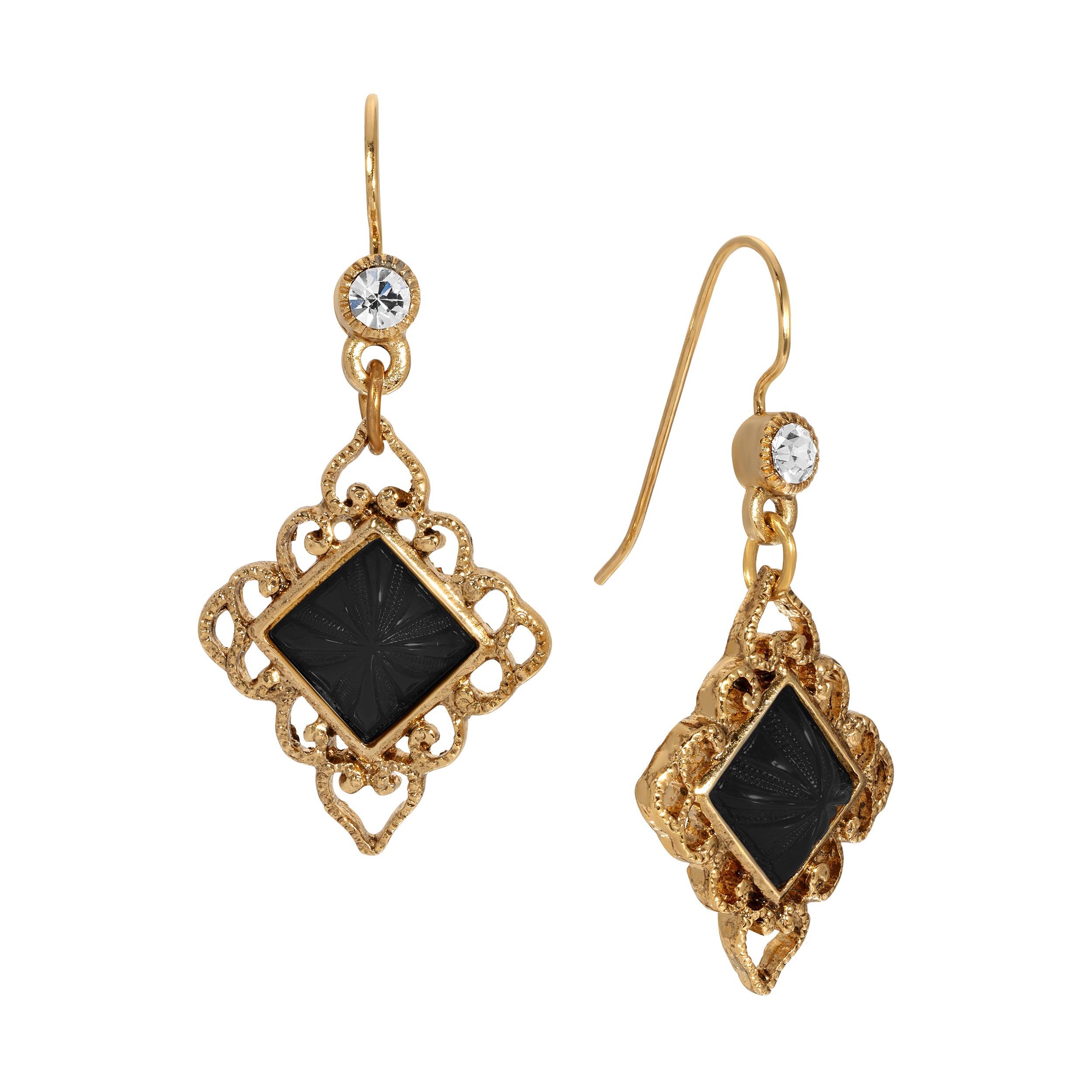 Gold Filigree & Diamond Shaped Black Onyx Gemstone Drop Earrings